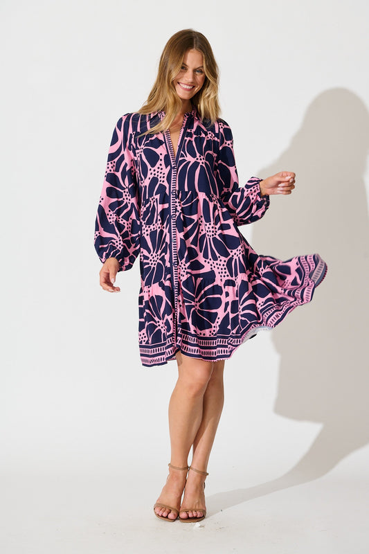 Felicity Shirt Dress In Pink And Navy Floral