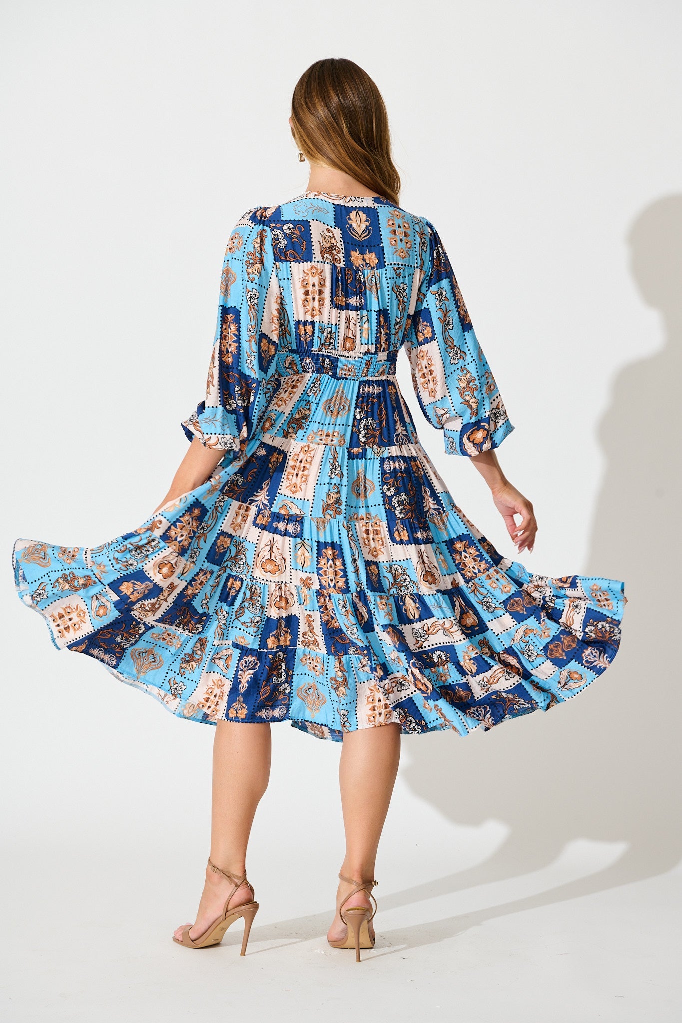 Nimisha Midi Dress in Blue with Brown Patchwork Print