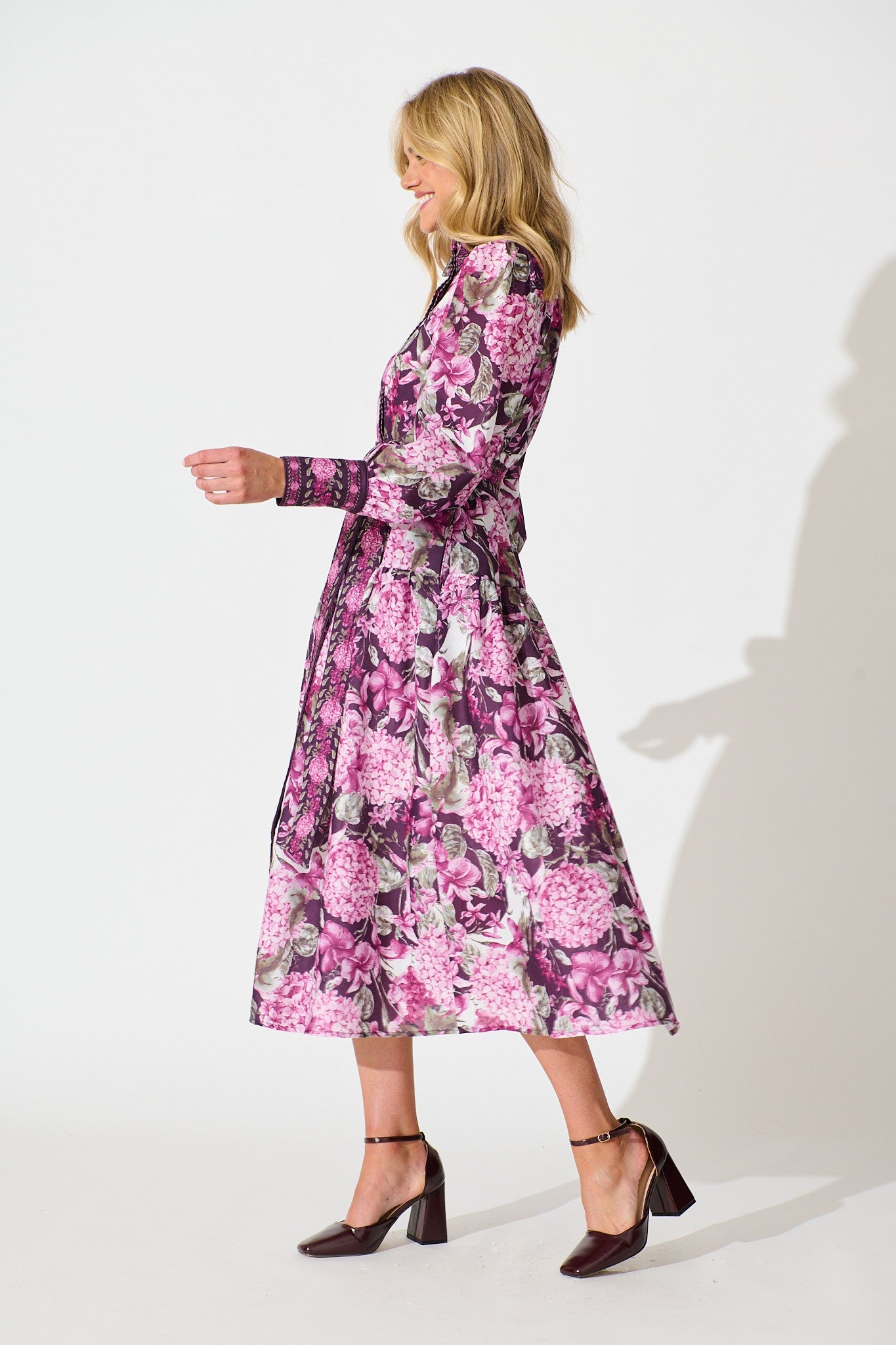 Verity Maxi Dress in Multi Plum Floral Linen Blend
