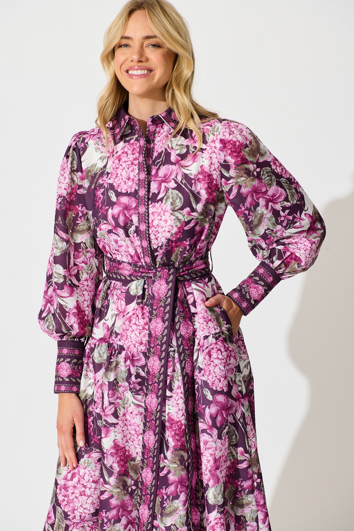 Verity Maxi Dress in Multi Plum Floral Linen Blend