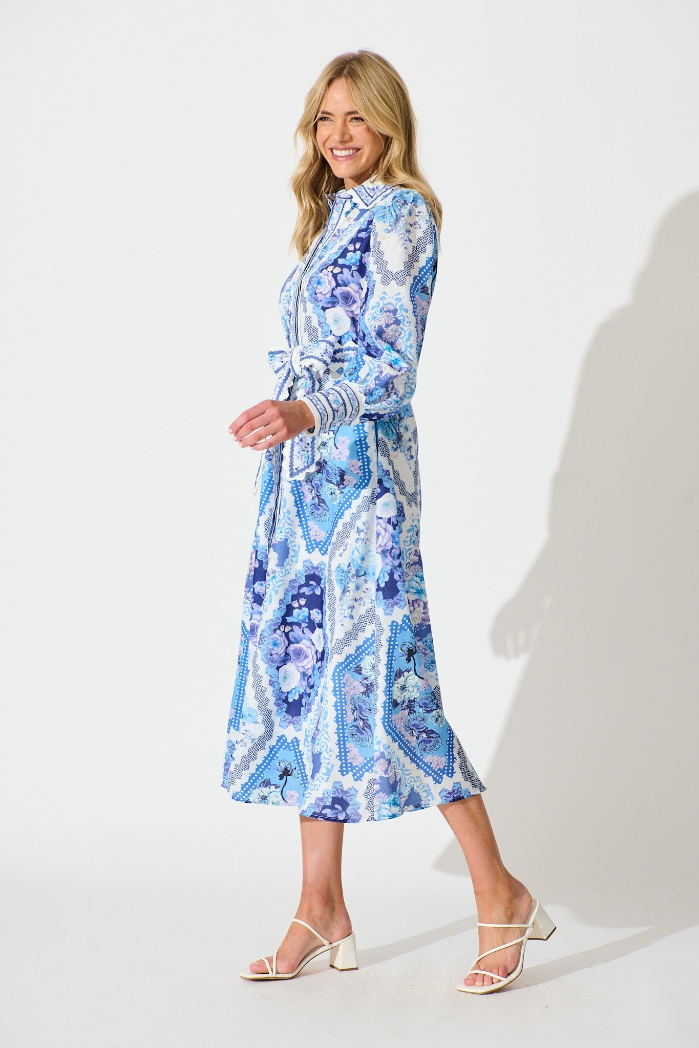 Starfall Midi Shirt Dress in Blue Floral Print Linen Blend