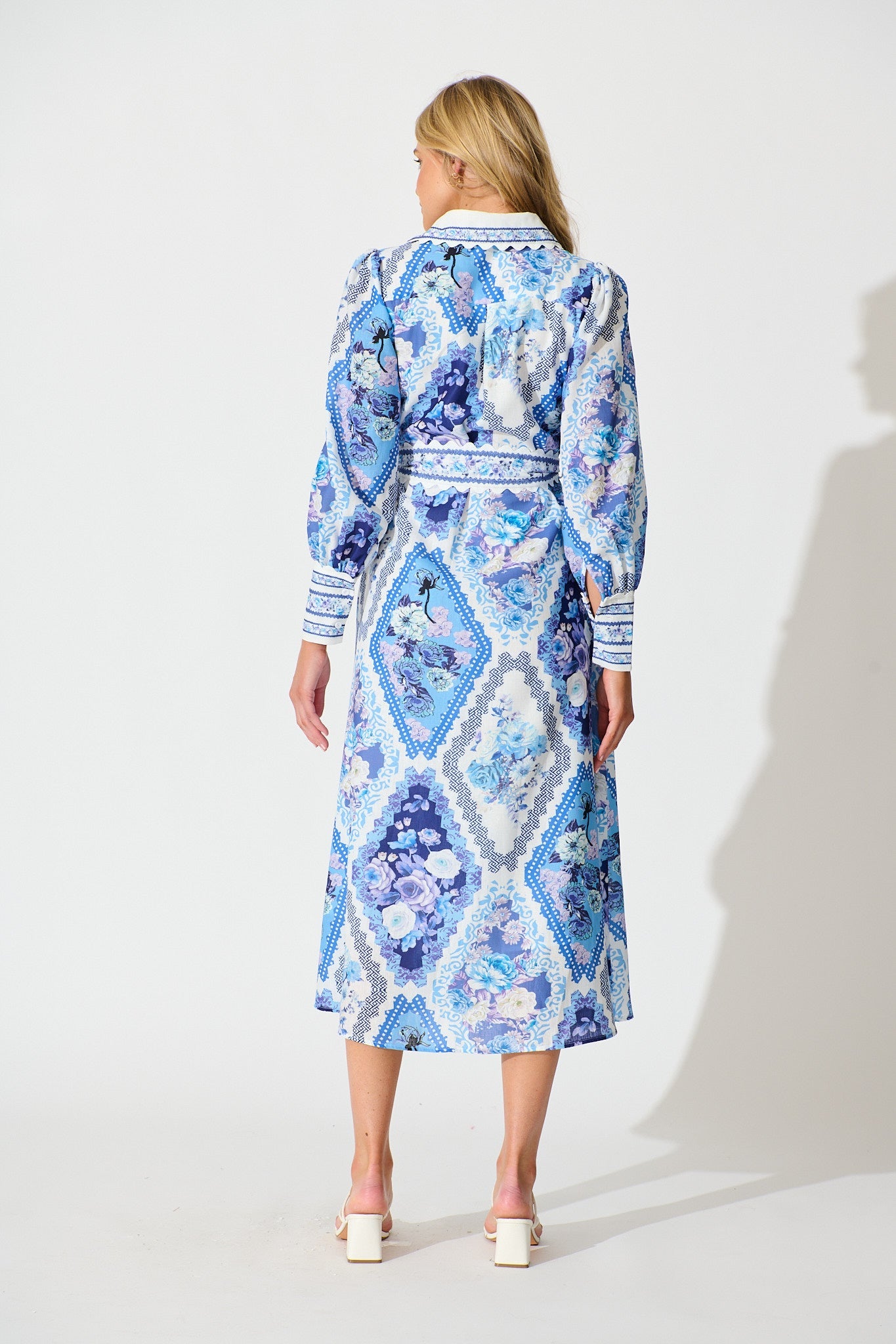 Starfall Midi Shirt Dress in Blue Floral Print Linen Blend