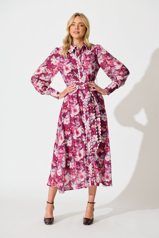 Dreamy Dusk Midi Shirt Dress in Plum Floral