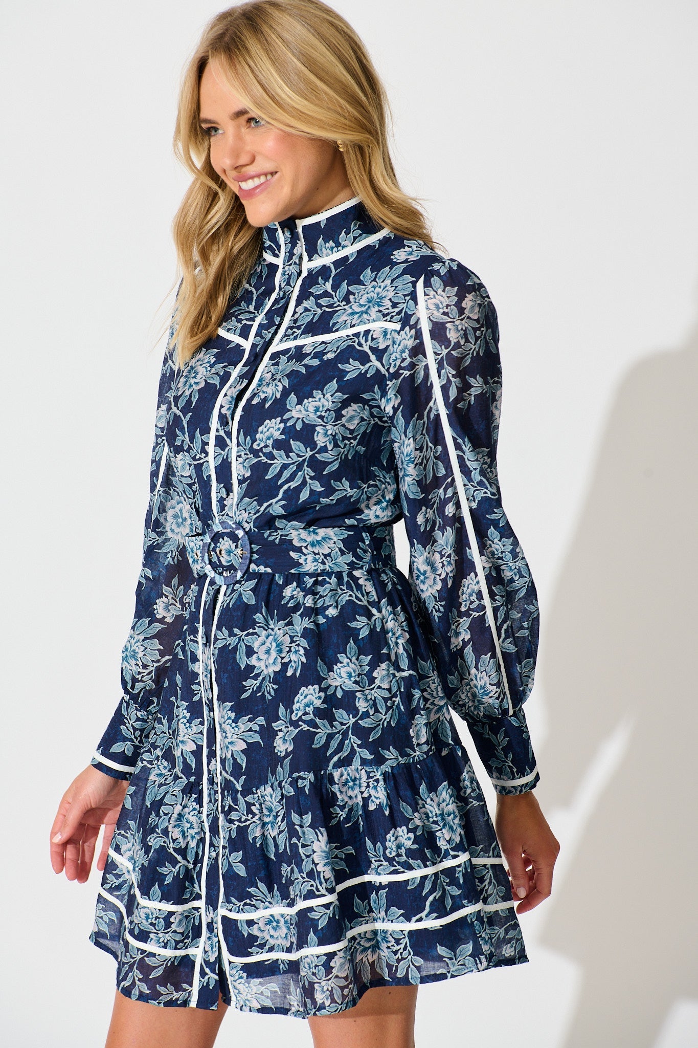 Cupids Kiss Dress in Navy Floral with Contrast Trim