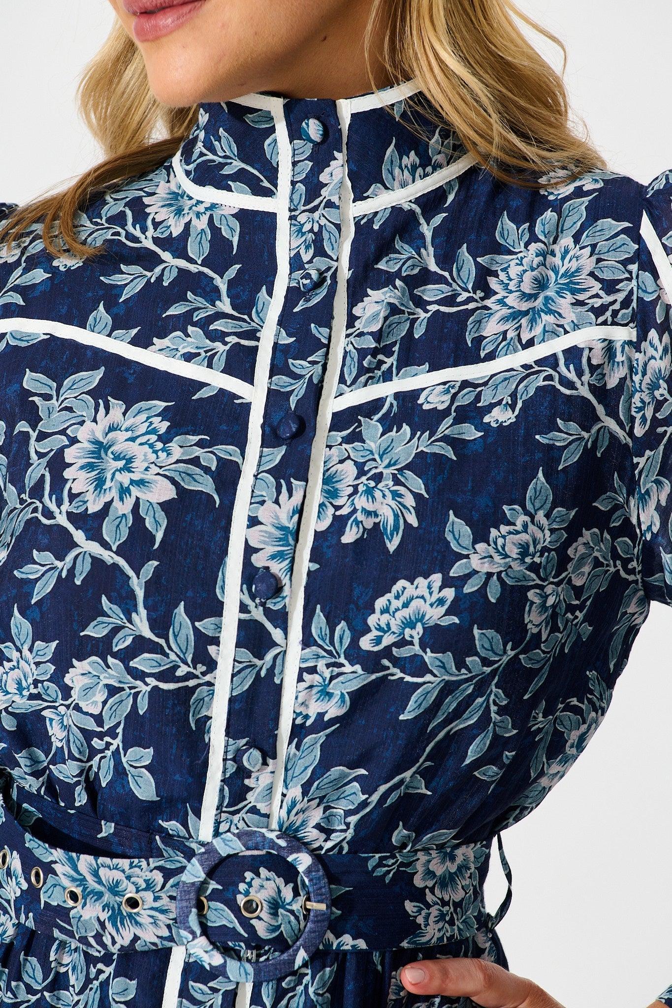 Cupids Kiss Dress in Navy Floral with Contrast Trim