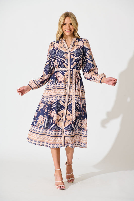 Janeiro Midi Dress in Navy with Beige Linen Blend