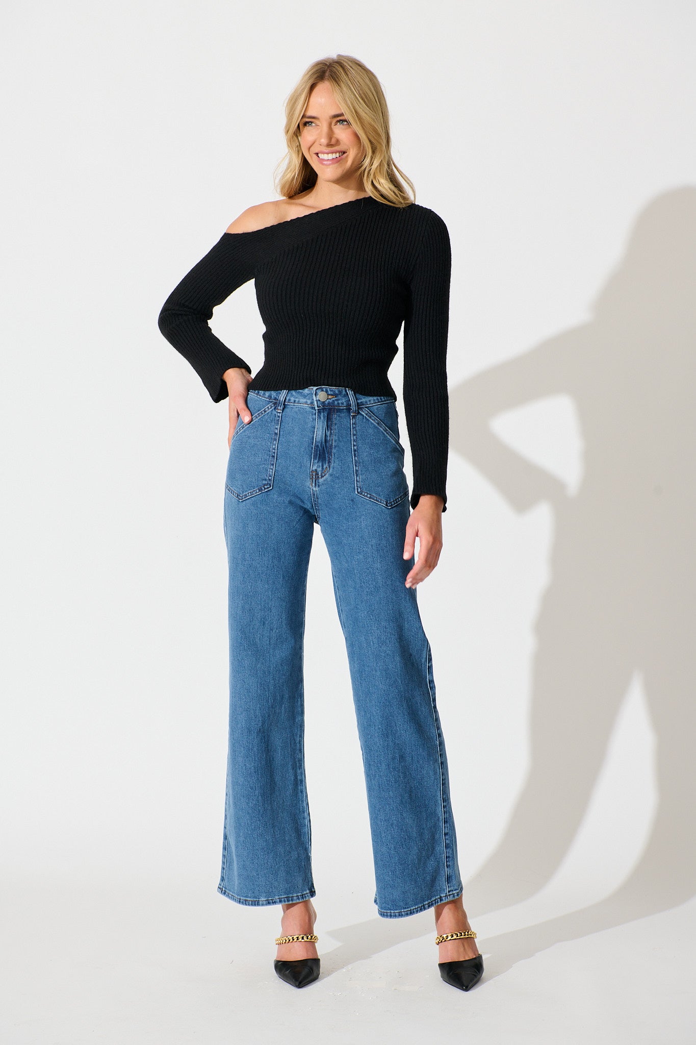 Roxana High Rise Wide Leg Jean in Mid Blue Denim