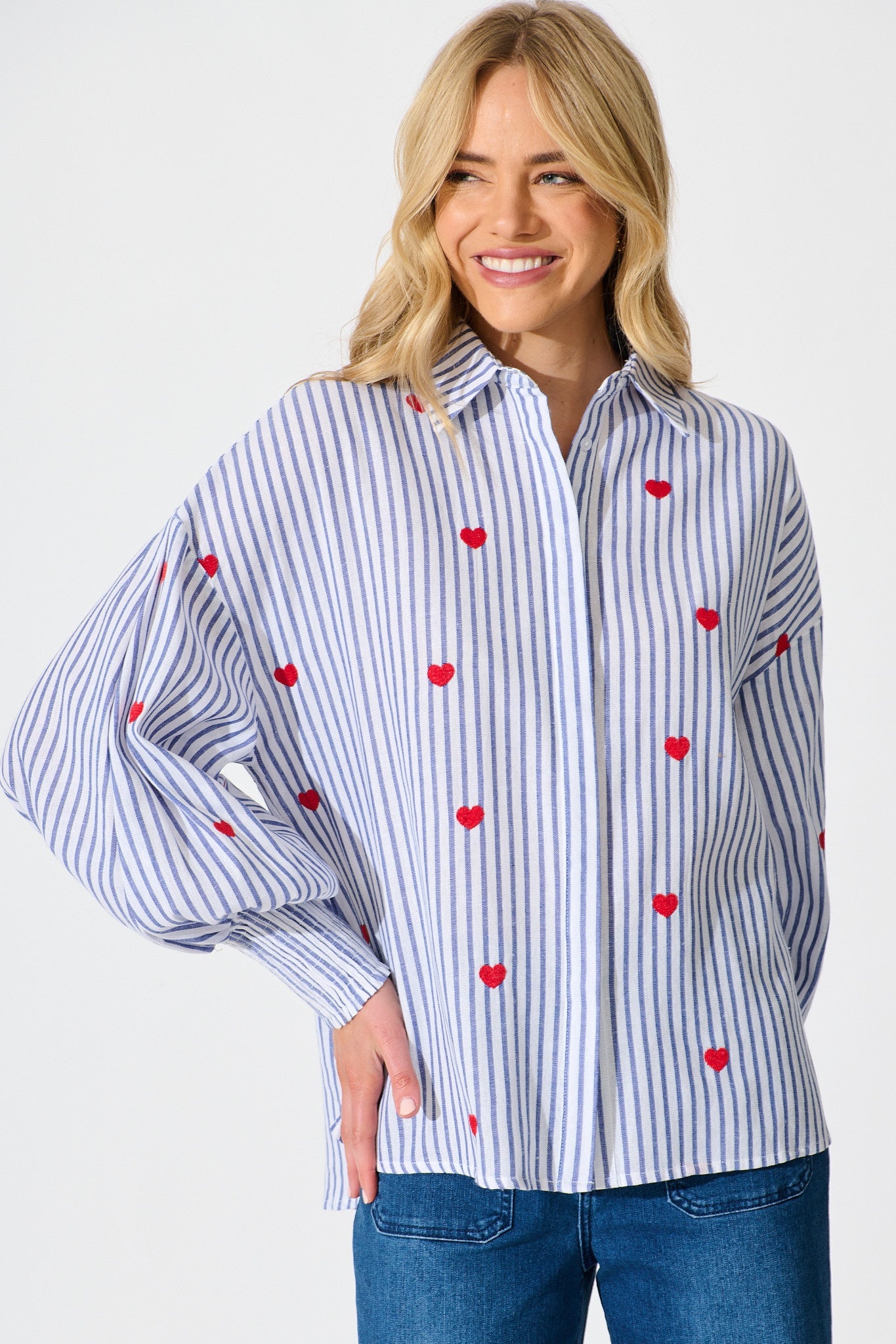 Hearts Desire Shirt in Blue Stripe and Heart Embroidered