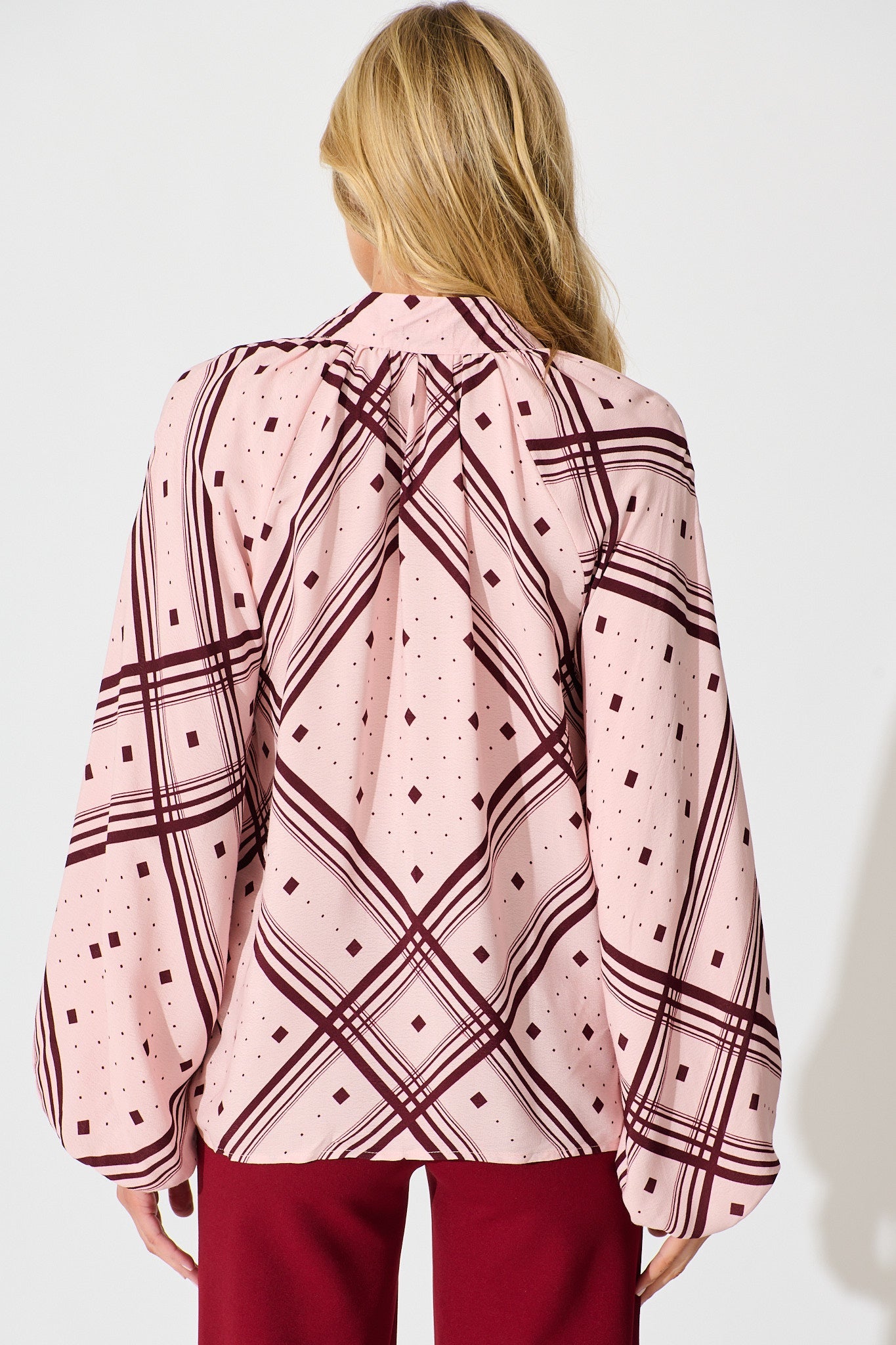 Marcella Top in Pink with Wine Print