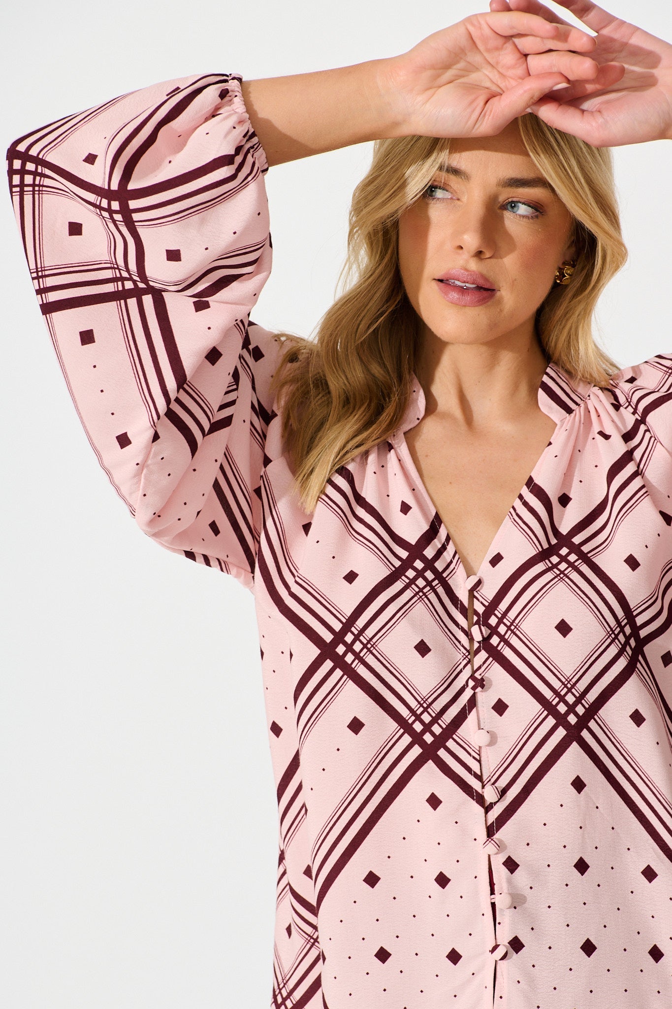 Marcella Top in Pink with Wine Print