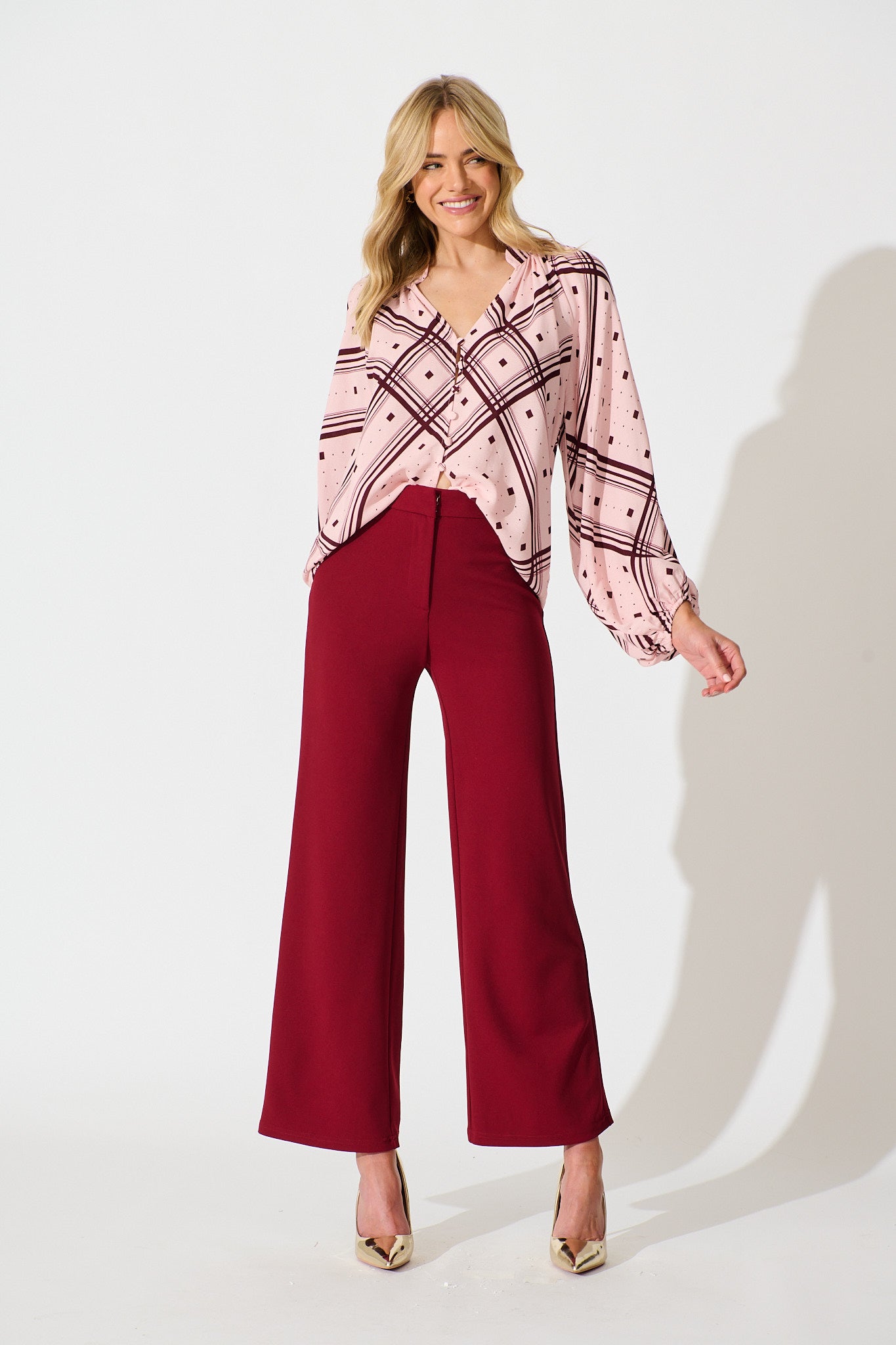 Marcella Top in Pink with Wine Print