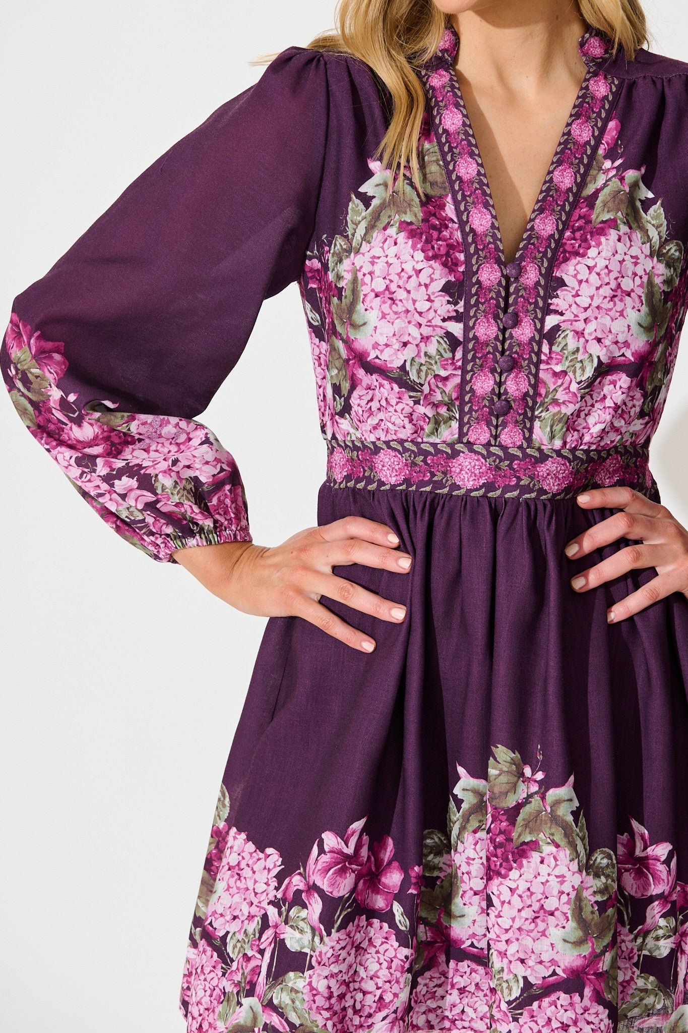 Clarion Dress in Plum Border Floral Linen Blend