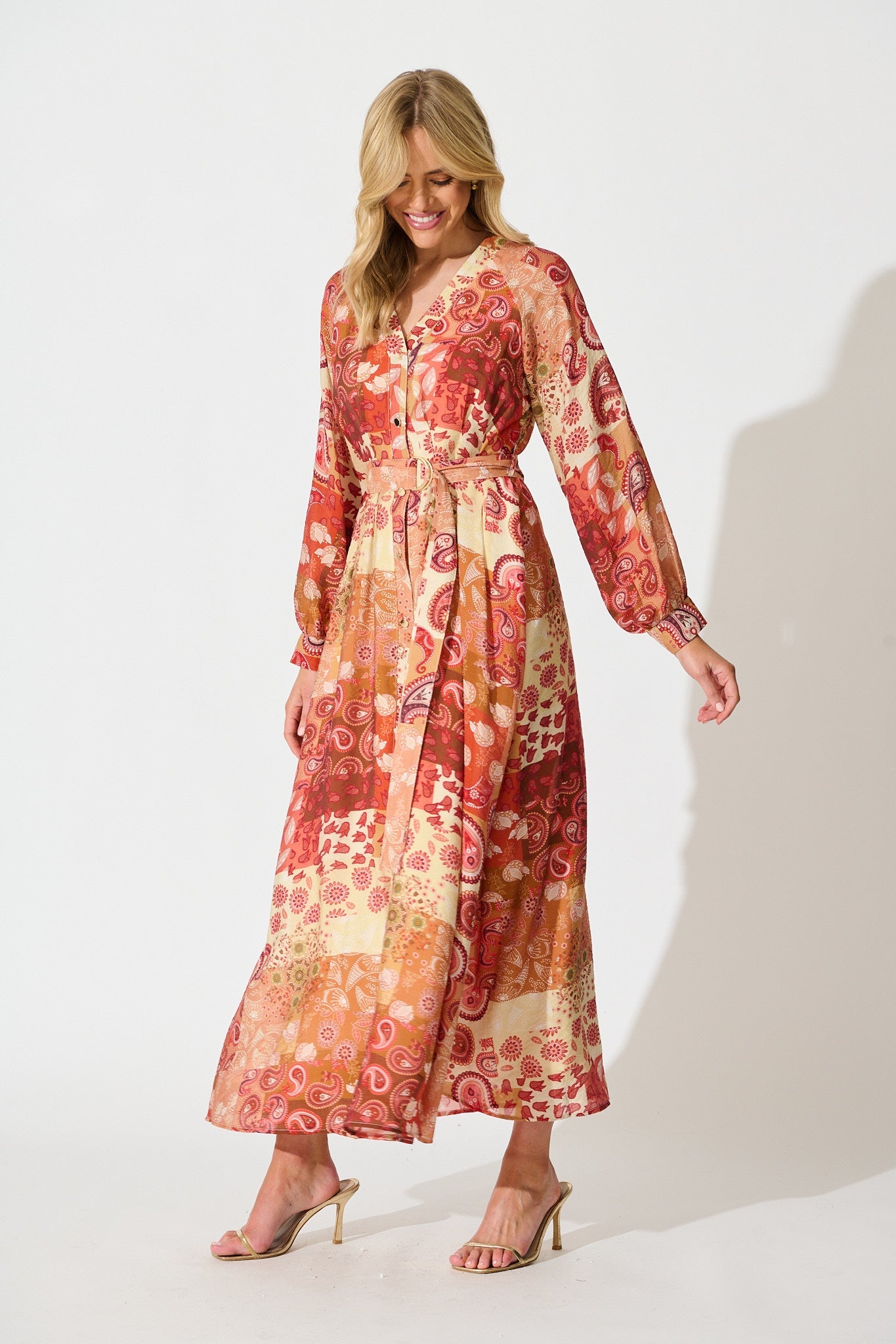 Natalie Midi Dress in Rust Patchwork