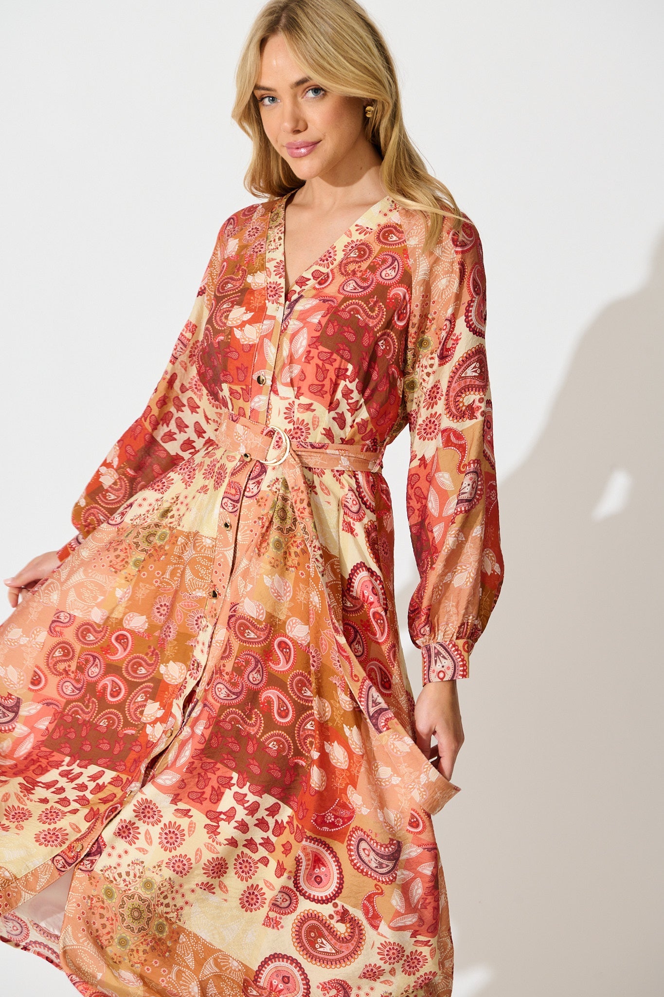 Natalie Midi Dress in Rust Patchwork