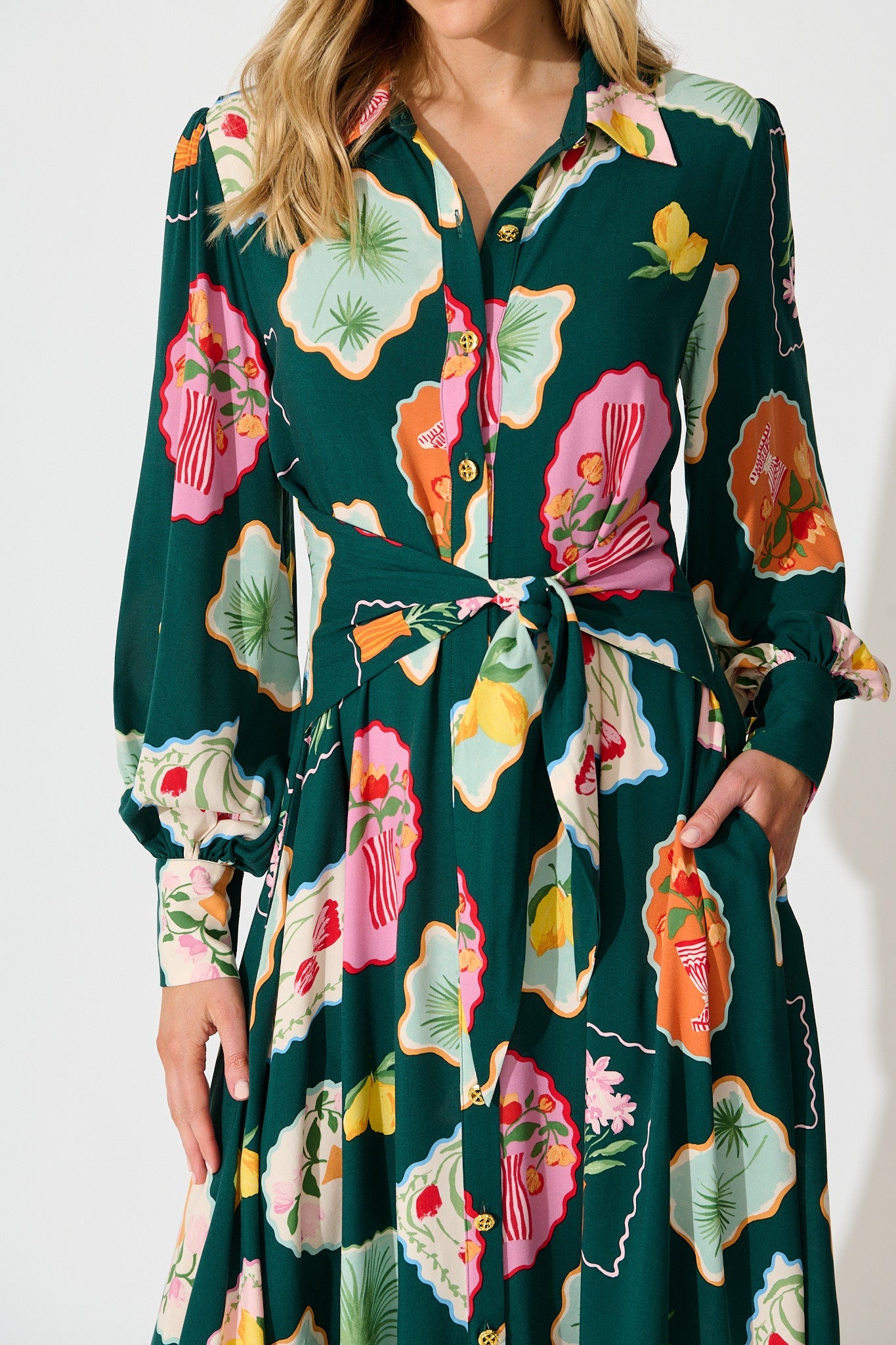 Ciao Bella Maxi Shirt Dress in Emerald Postcard Print