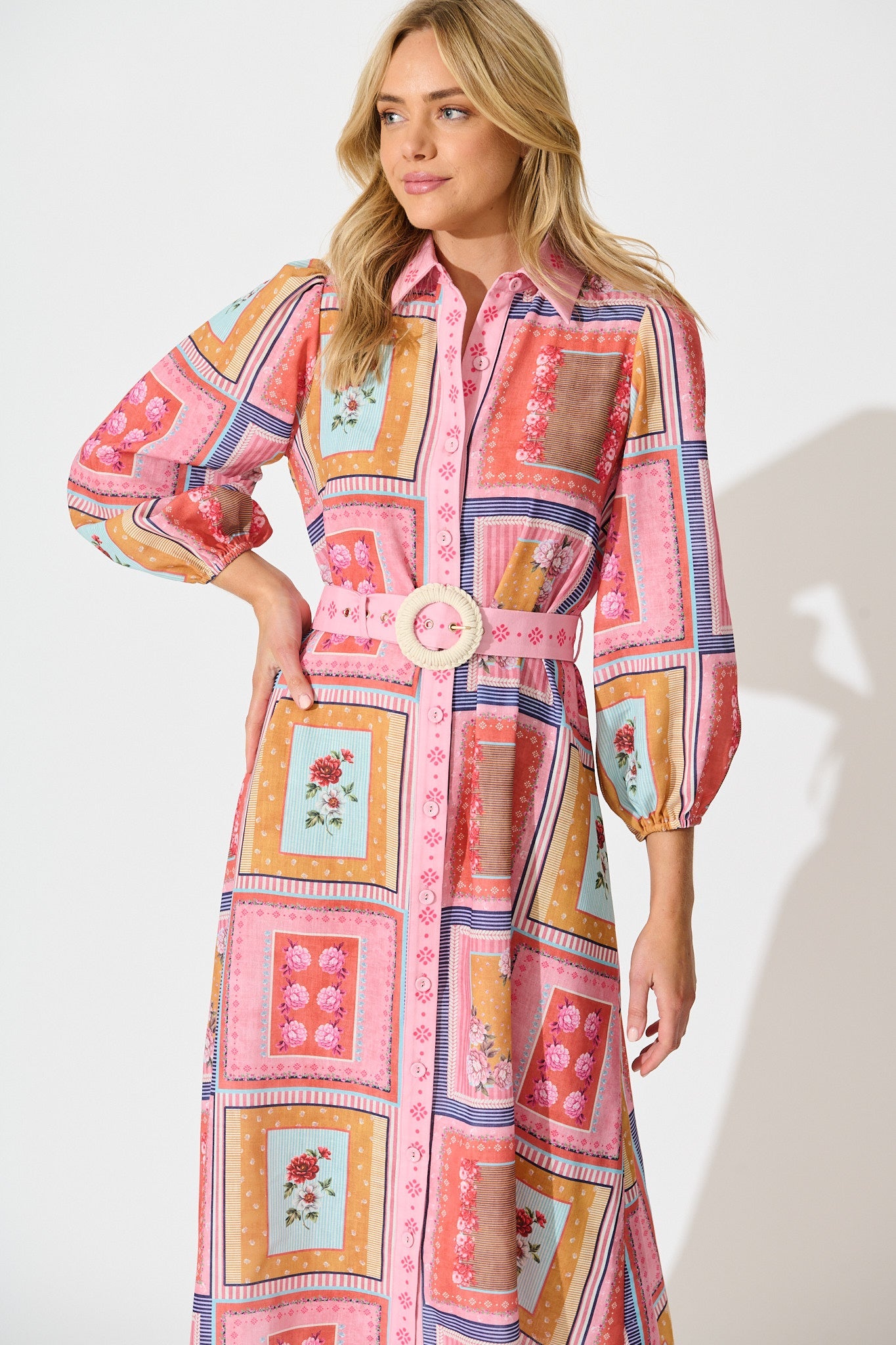 Floral Mirage Midi Shirt Dress in Pink Multi Floral Tile Print