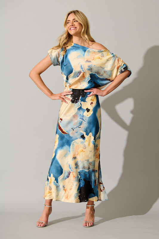 Sarita Maxi Off Shoulder Dress in Blue Watercolour Satin