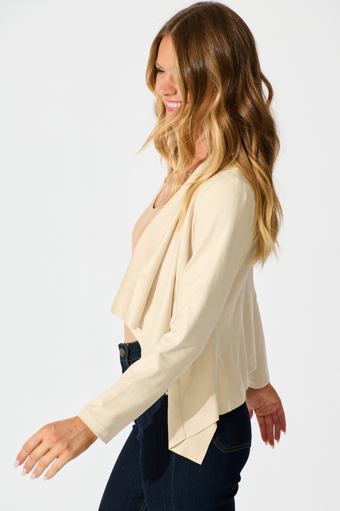 Kylah Waterfall Jacket in Beige Suedette