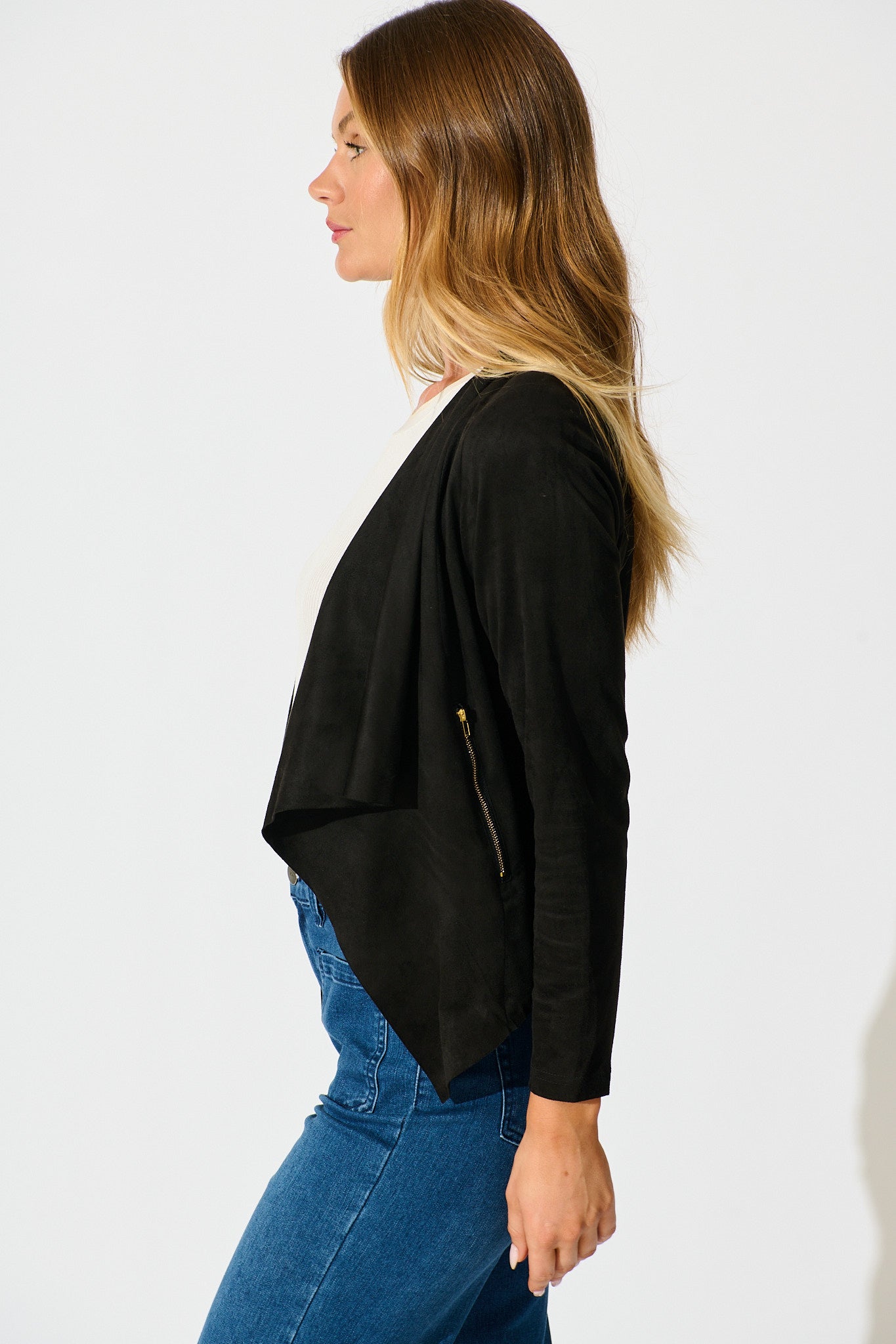 Kylah Waterfall Jacket in Black Suedette