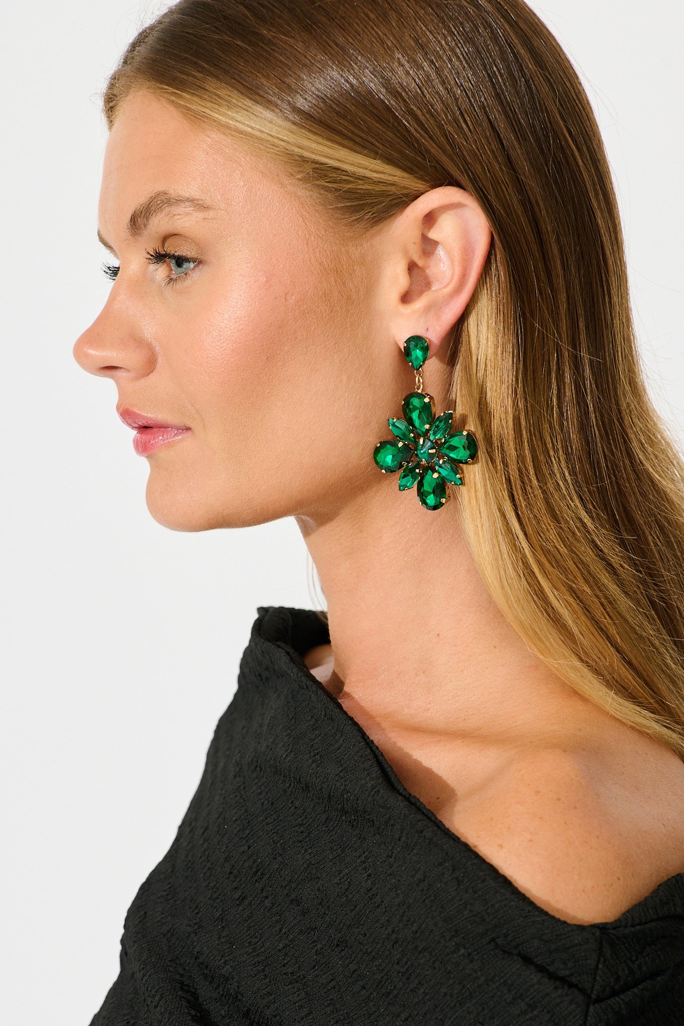 Anita Stud Drop Flower Earrings in Emerald Stone