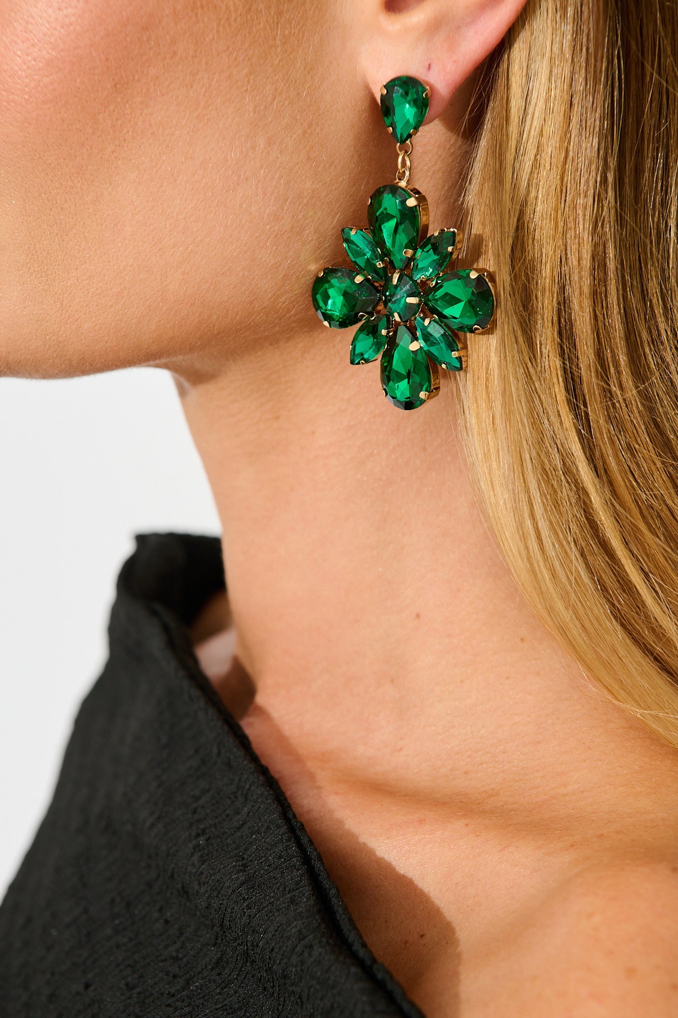 Anita Stud Drop Flower Earrings in Emerald Stone