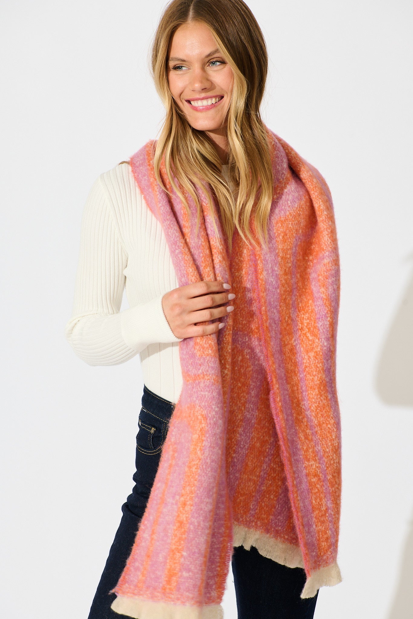 Anita Knit Scarf in Pink and Tangerine Stripe