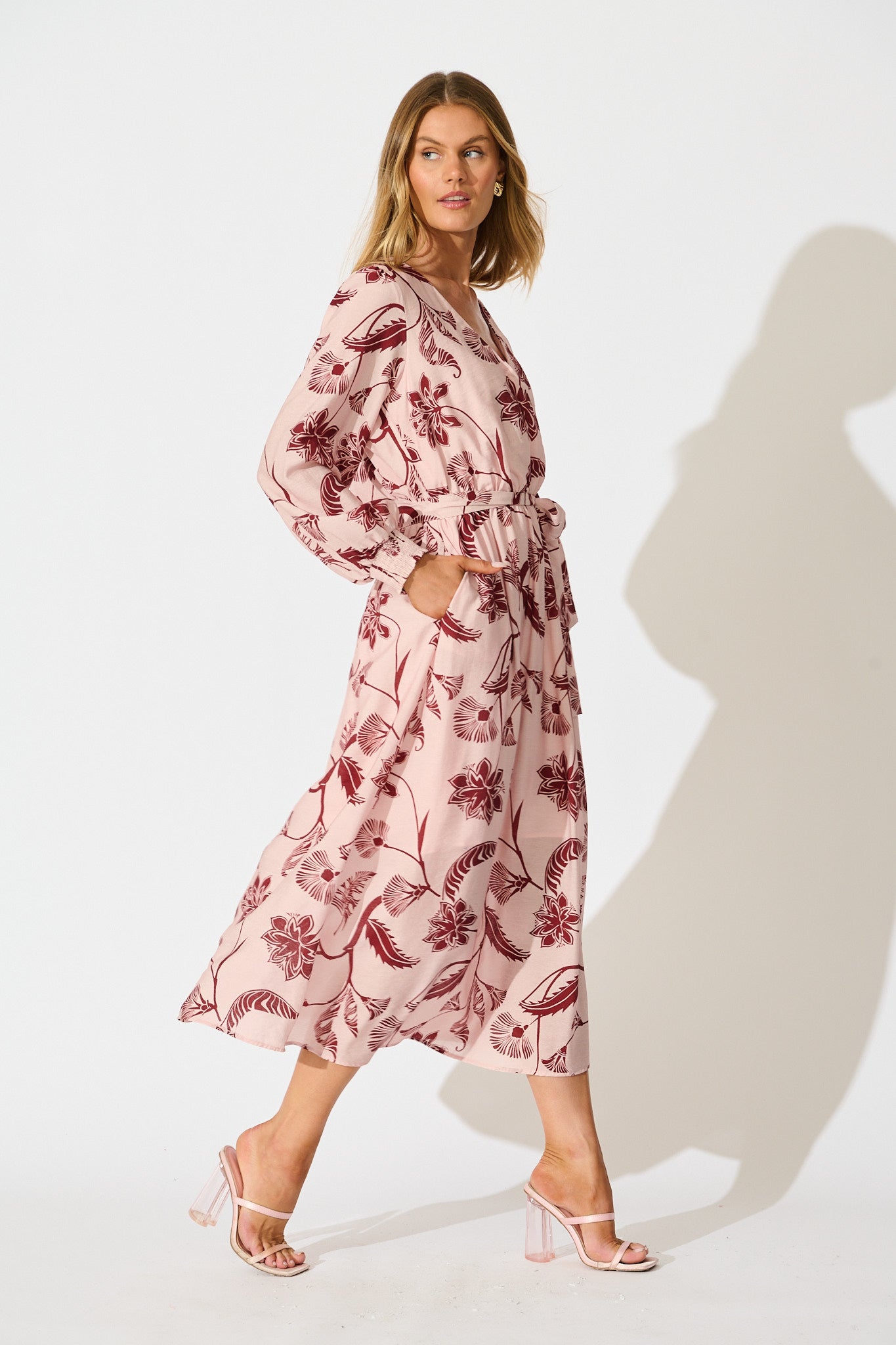 Wild Iris Midi Dress in Blush with Wine Floral