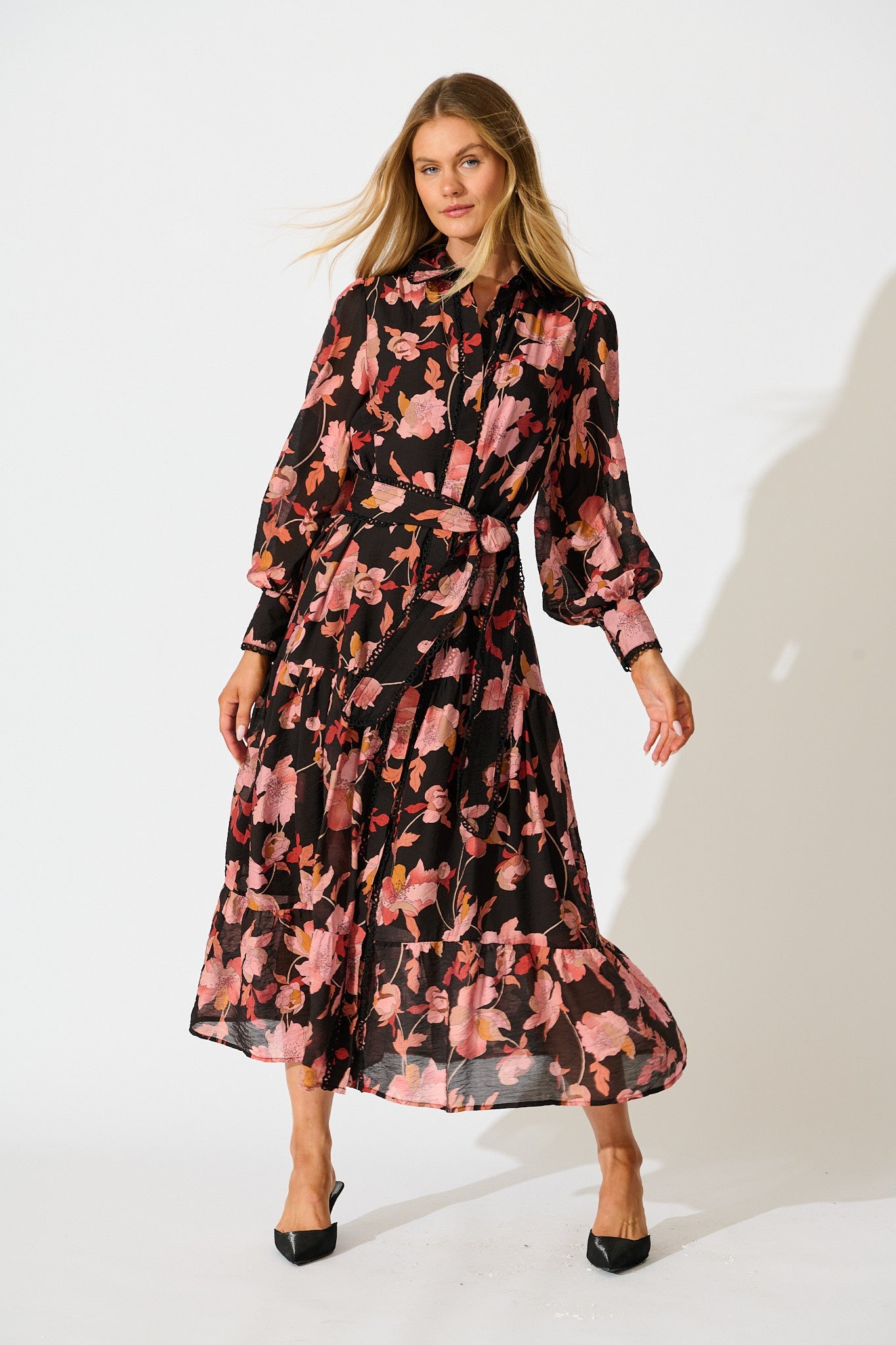 Alaina Maxi Shirt Dress in Black Floral with Black Lace Trim