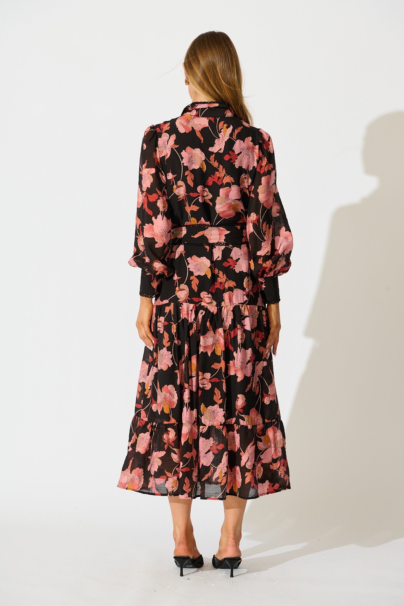 Alaina Maxi Shirt Dress in Black Floral with Black Lace Trim