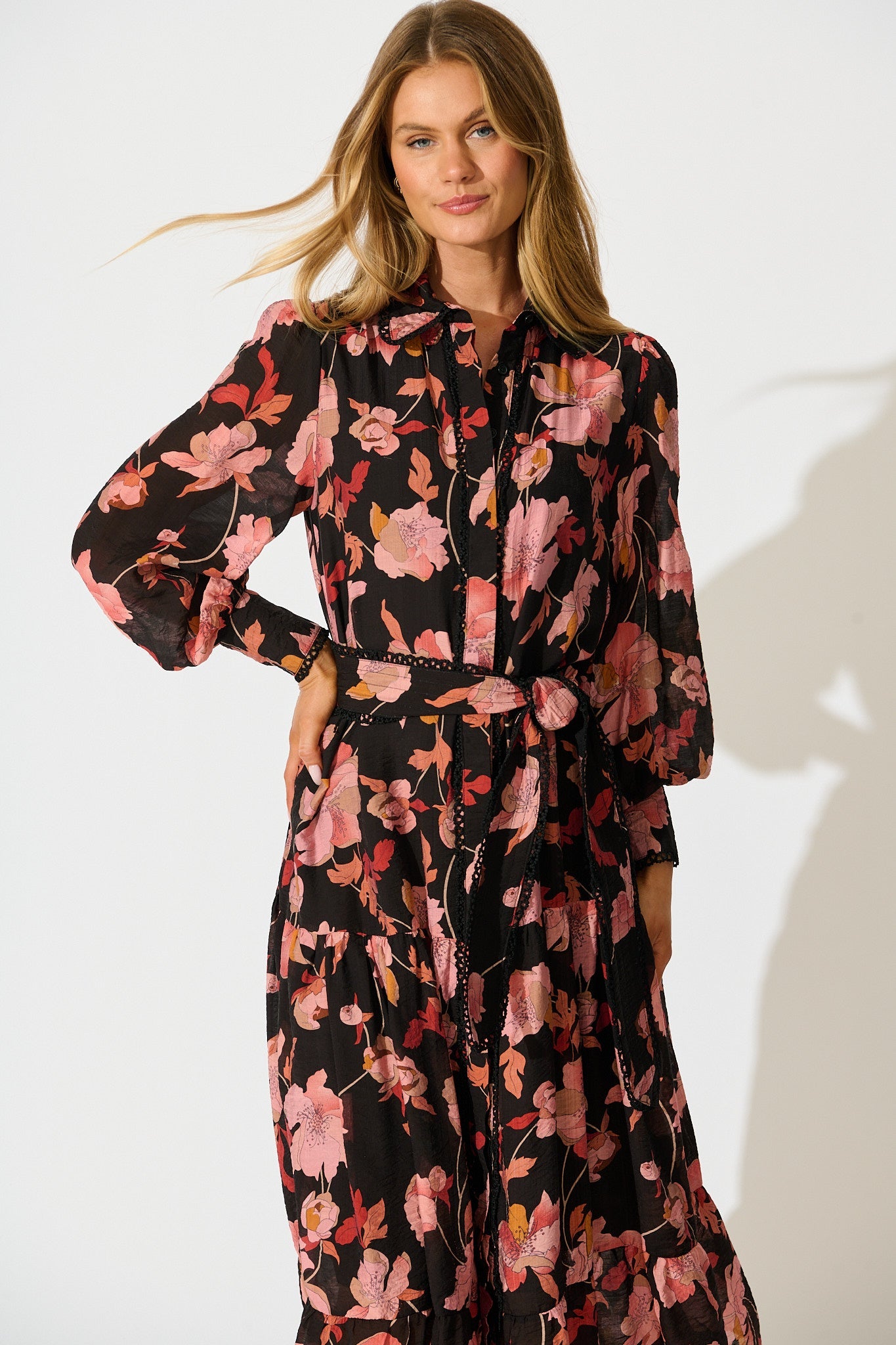 Alaina Maxi Shirt Dress in Black Floral with Black Lace Trim