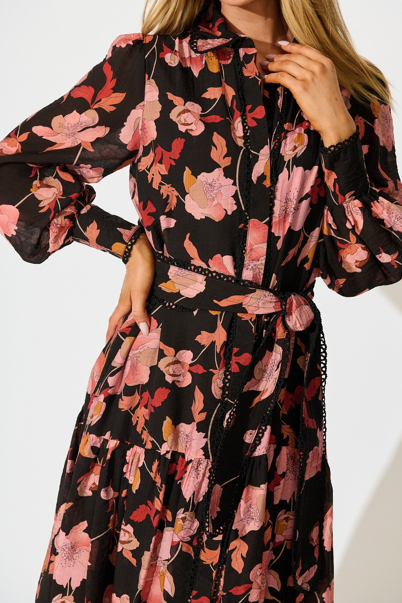 Alaina Maxi Shirt Dress in Black Floral with Black Lace Trim