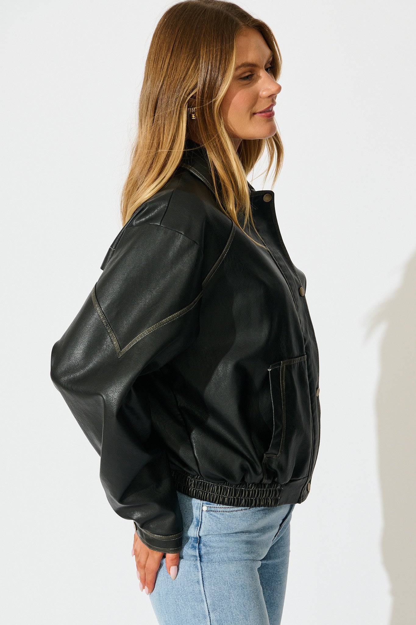 Kayla Bomber Jacket in Black Leatherette