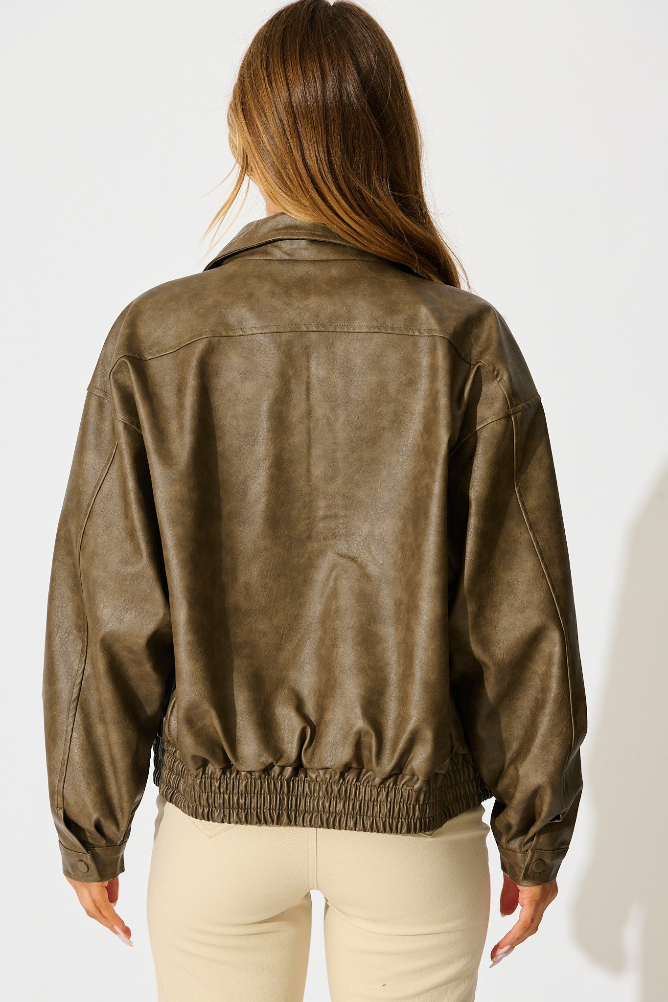 Look Twice Bomber Jacket in Brown Leatherette