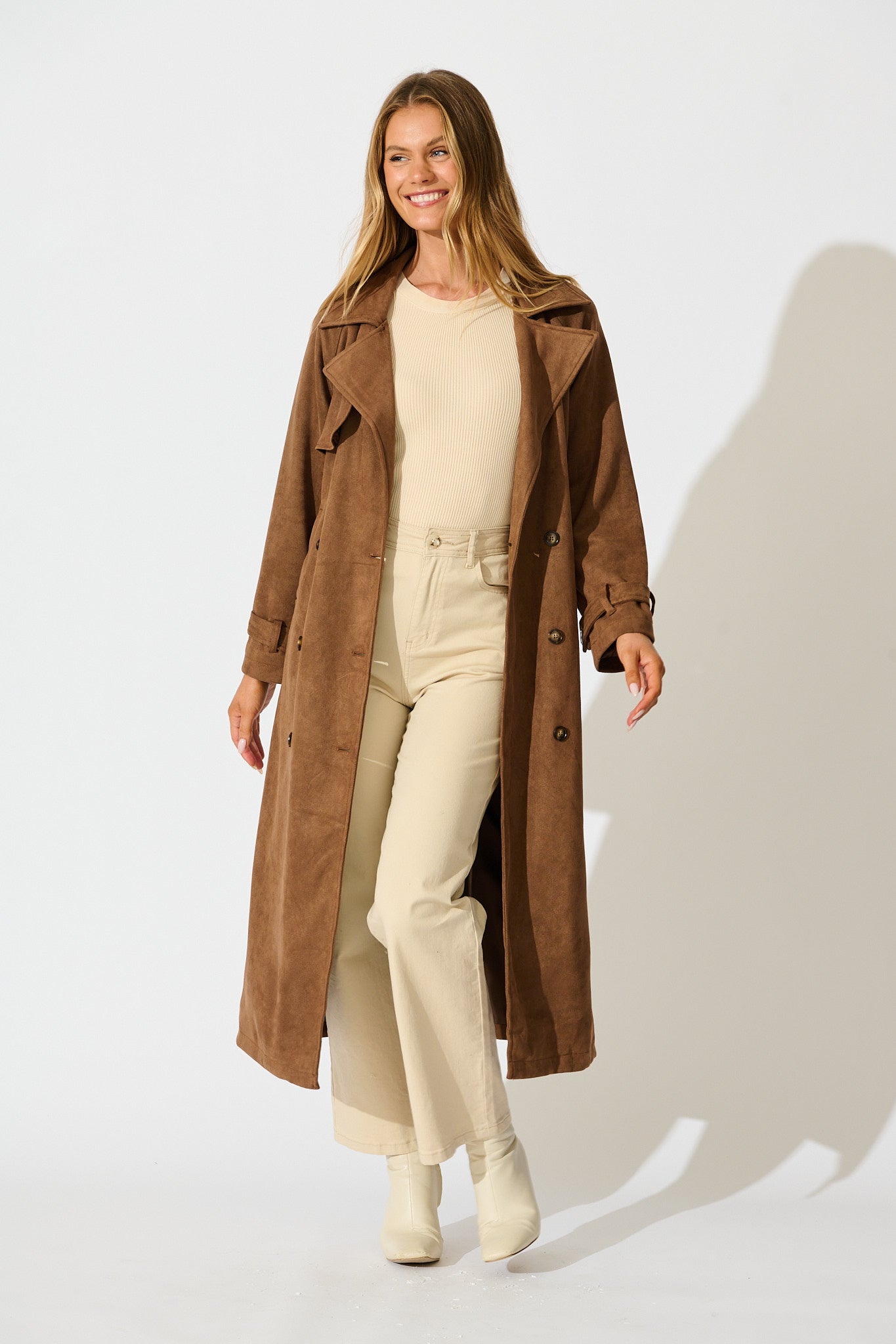 Valley Escape Trench Coat in Brown Suedette