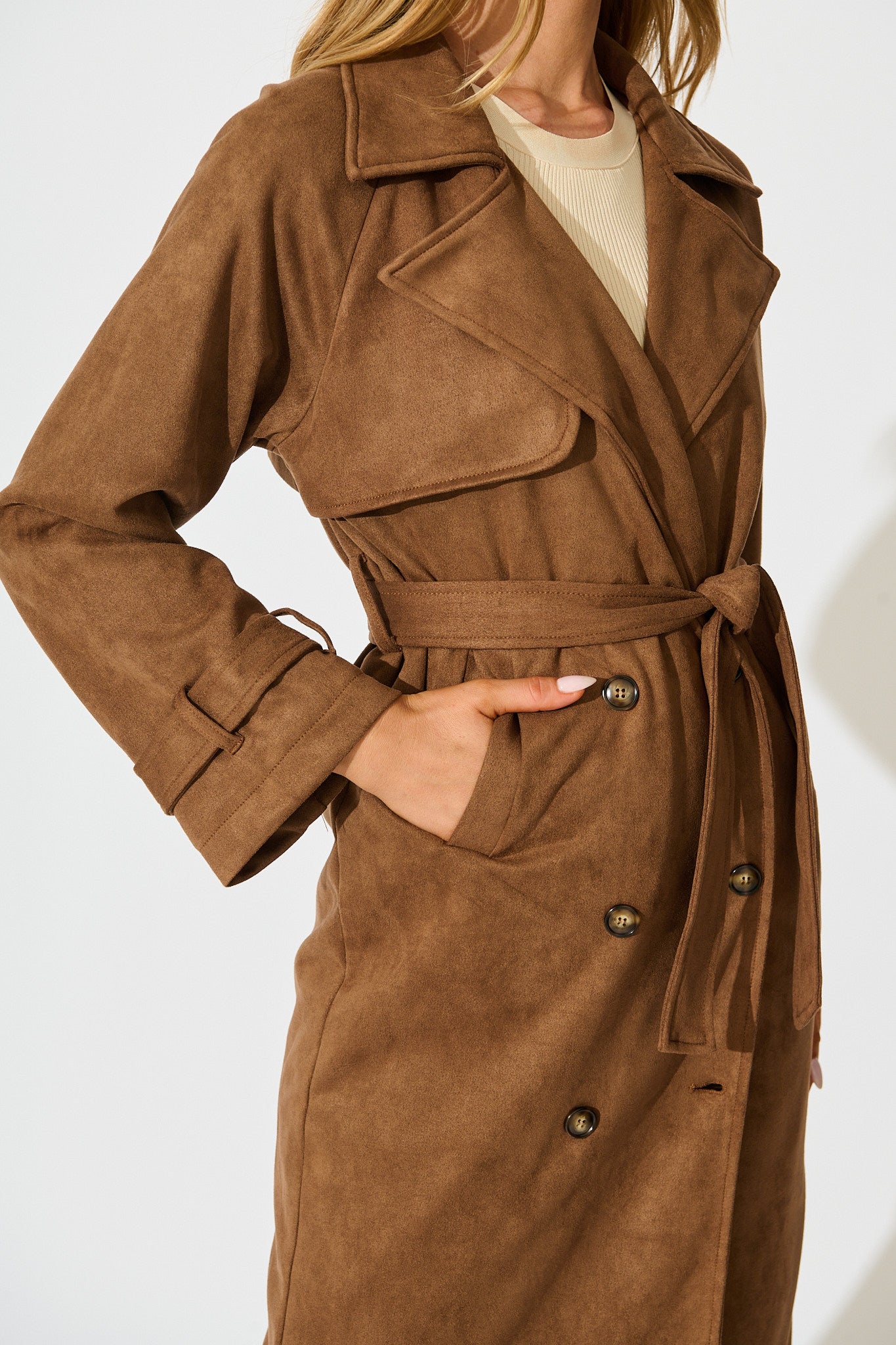 Valley Escape Trench Coat in Brown Suedette