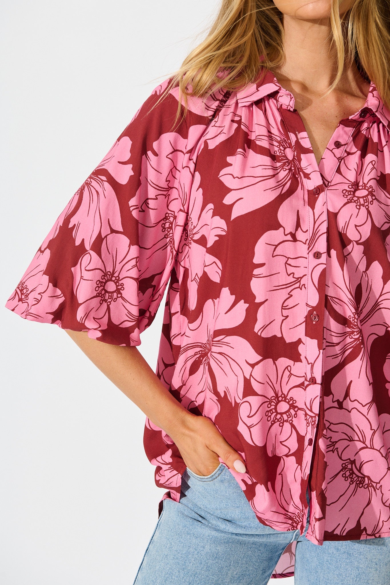 Anita Shirt In Wine with Pink Floral