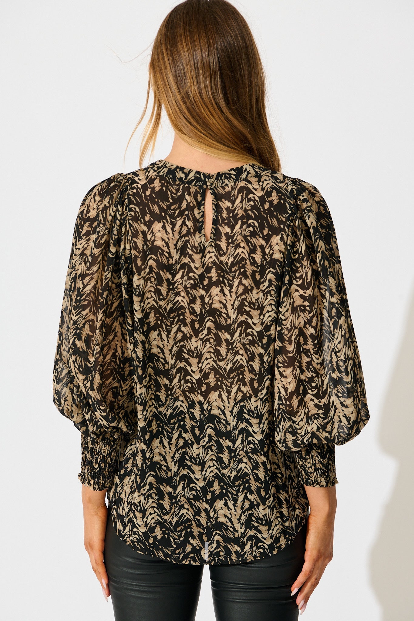 Veronica Top in Black with Cream Print Chiffon