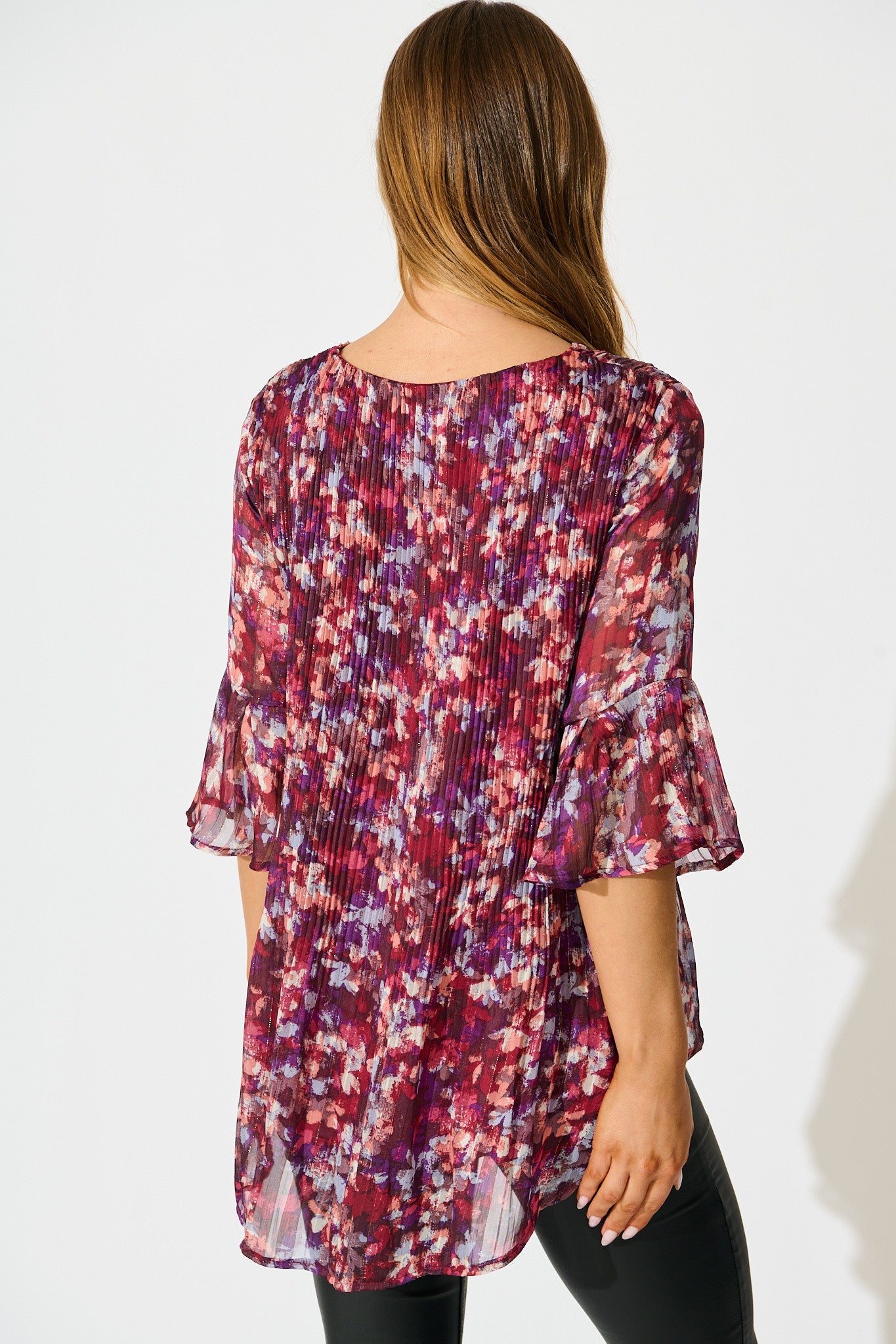 Bettina Top in Wine Floral Plisse