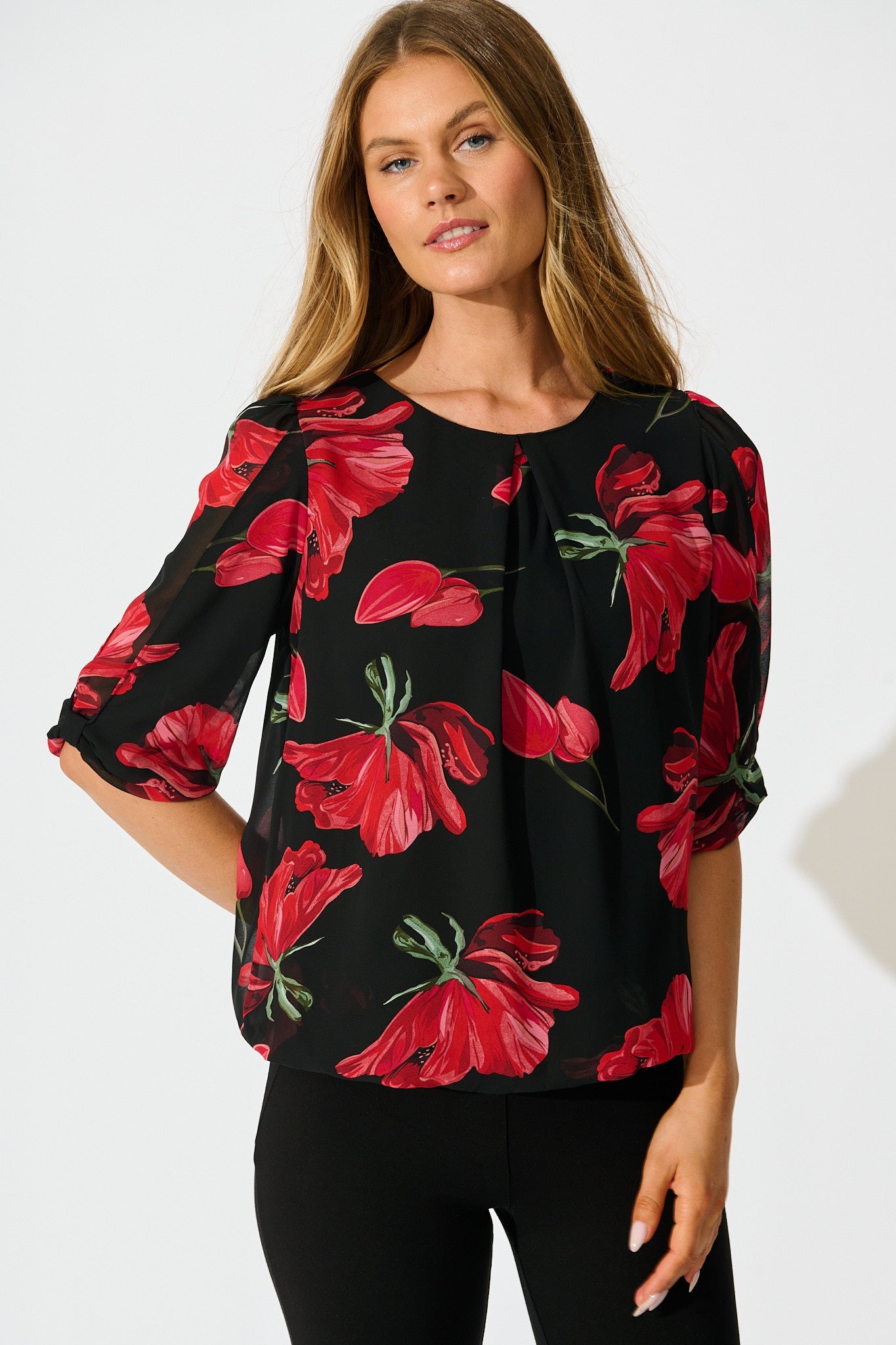Yvette Top in Black with Red Floral