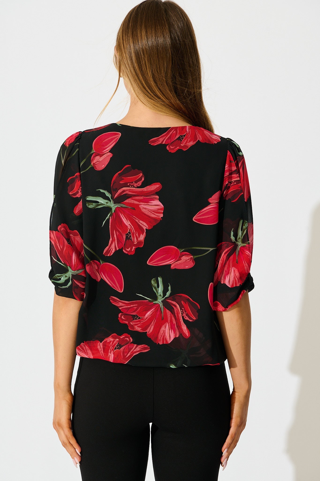 Yvette Top in Black with Red Floral