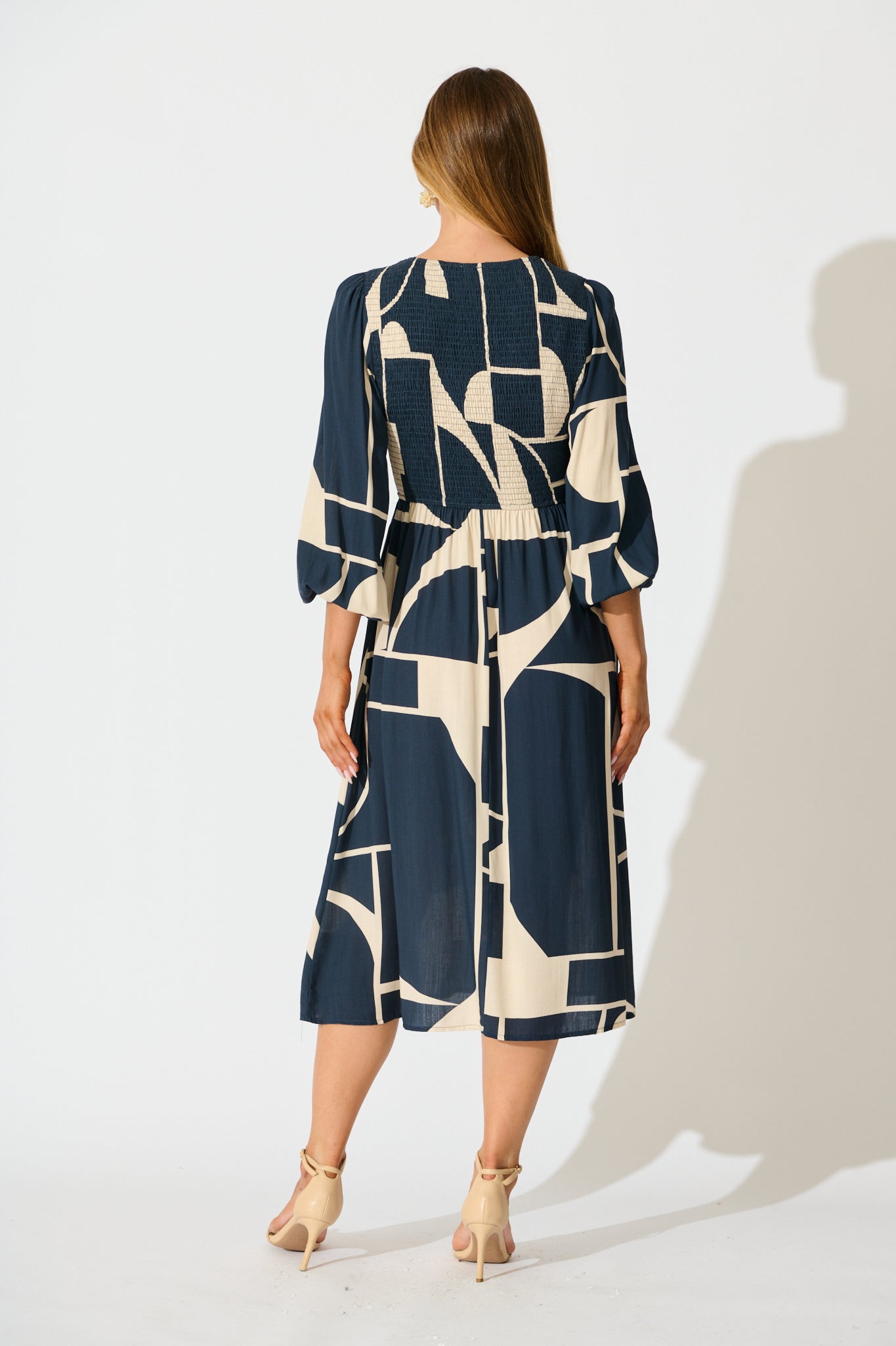Marlee Midi Dress in Navy with Cream Geometric Linen Blend