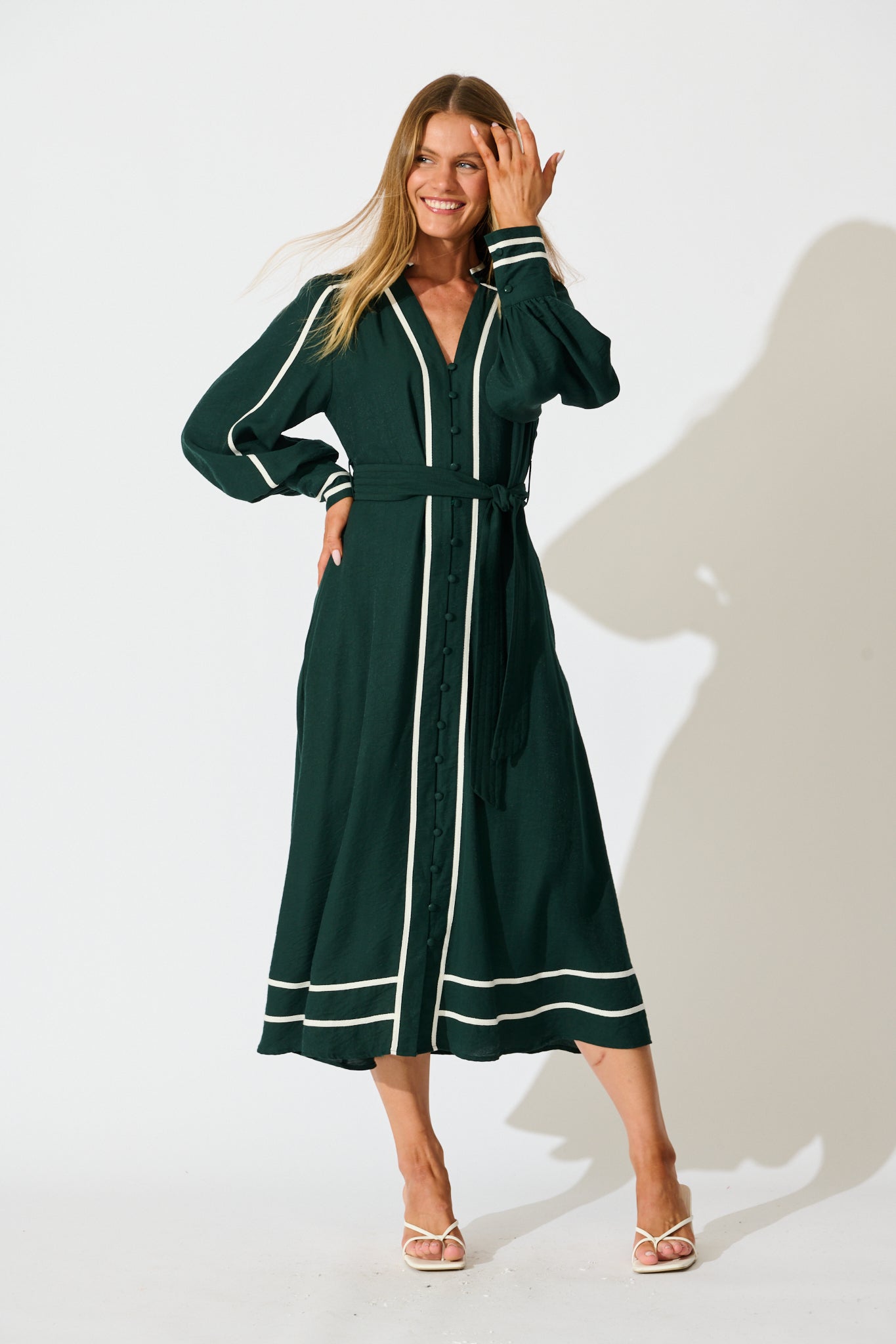Terri Midi Dress in Emerald with White Contrast Trim
