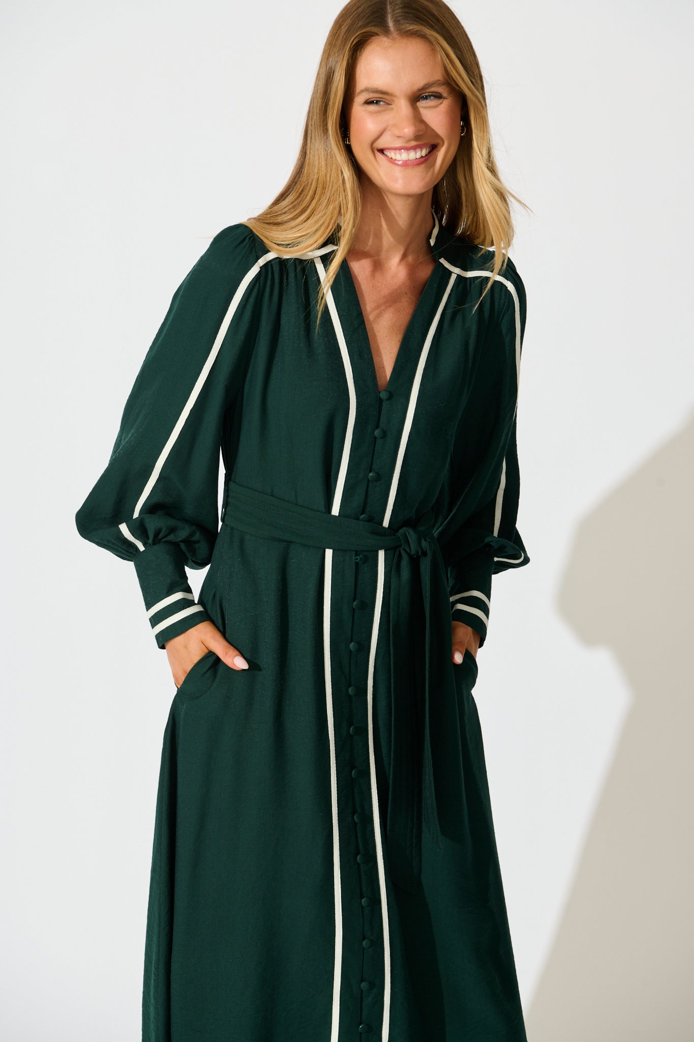 Terri Midi Dress in Emerald with White Contrast Trim