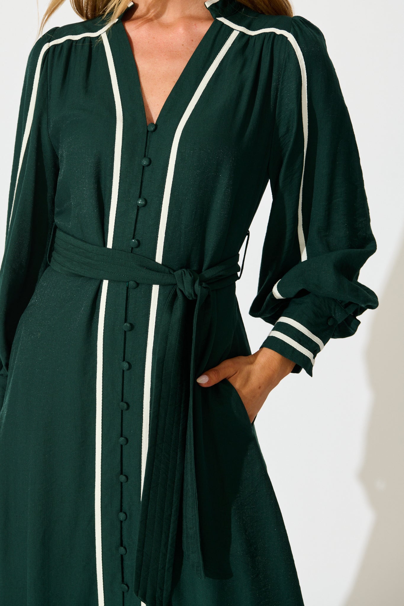 Terri Midi Dress in Emerald with White Contrast Trim