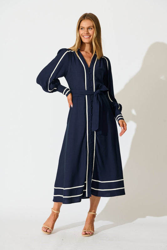 Terri Midi Dress in Navy with White Contrast Trim