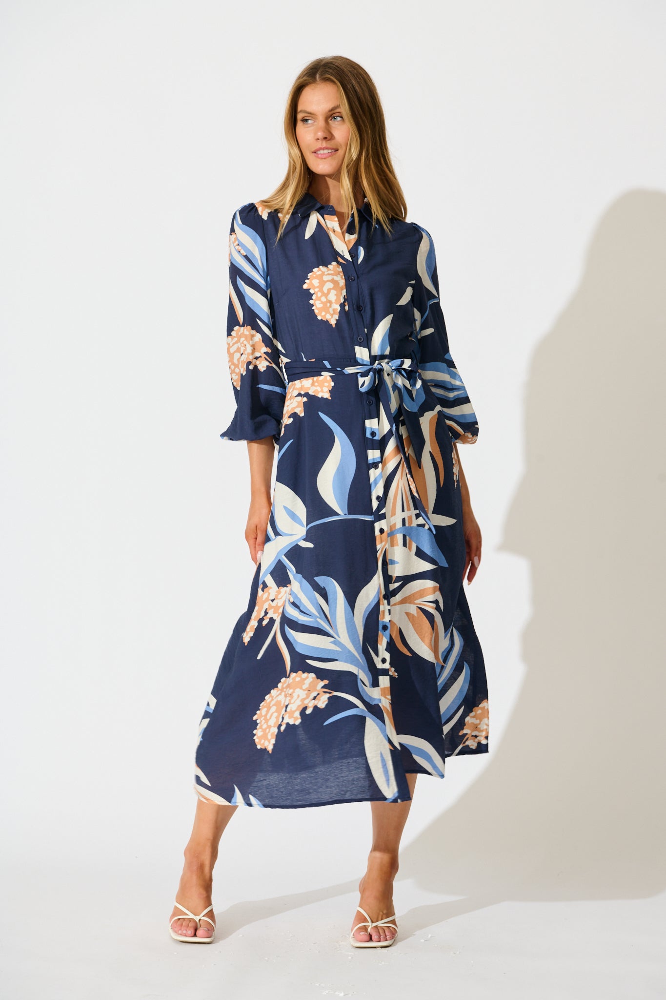 Nalani Midi Shirt Dress in Navy with Multi Print