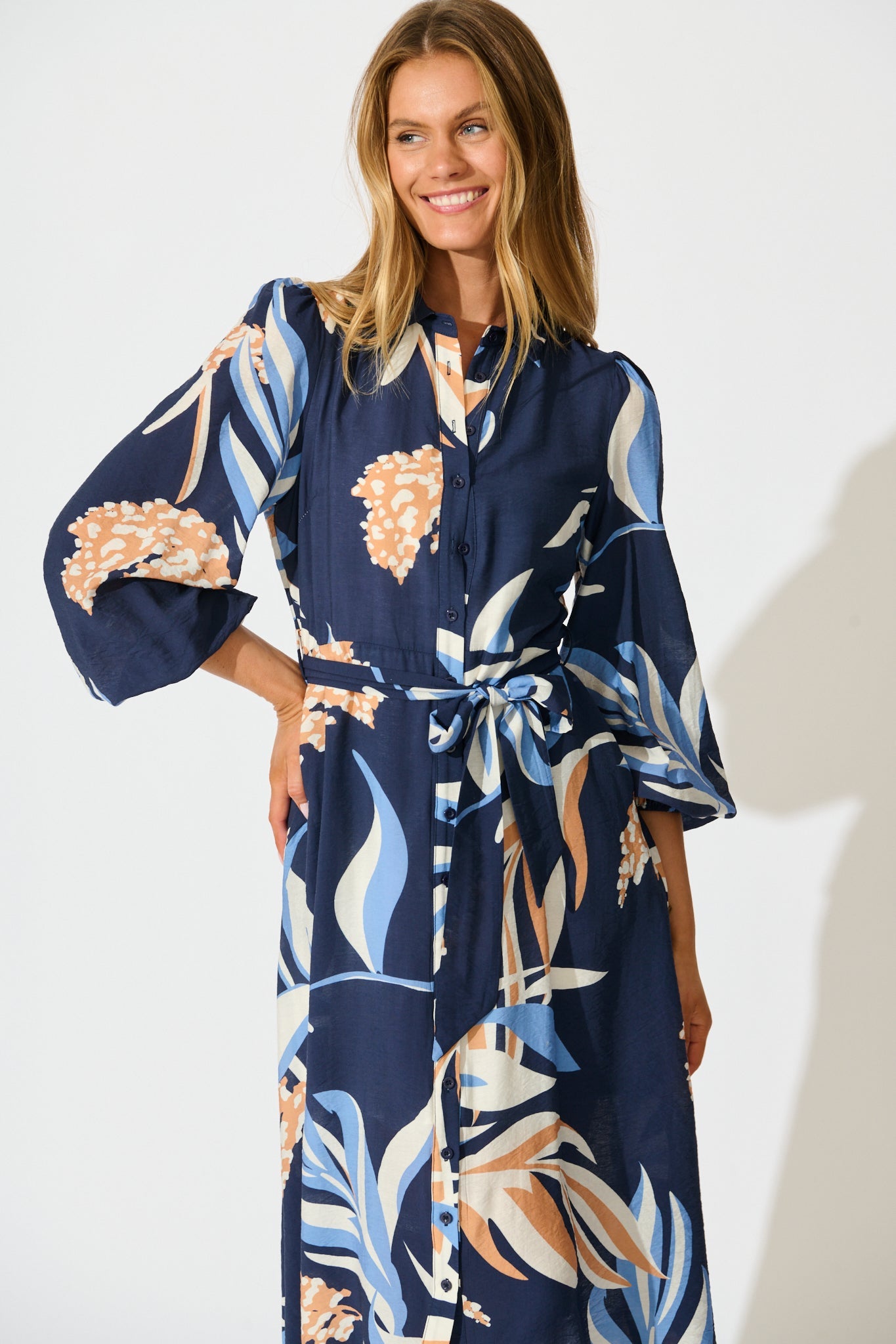 Nalani Midi Shirt Dress in Navy with Multi Print