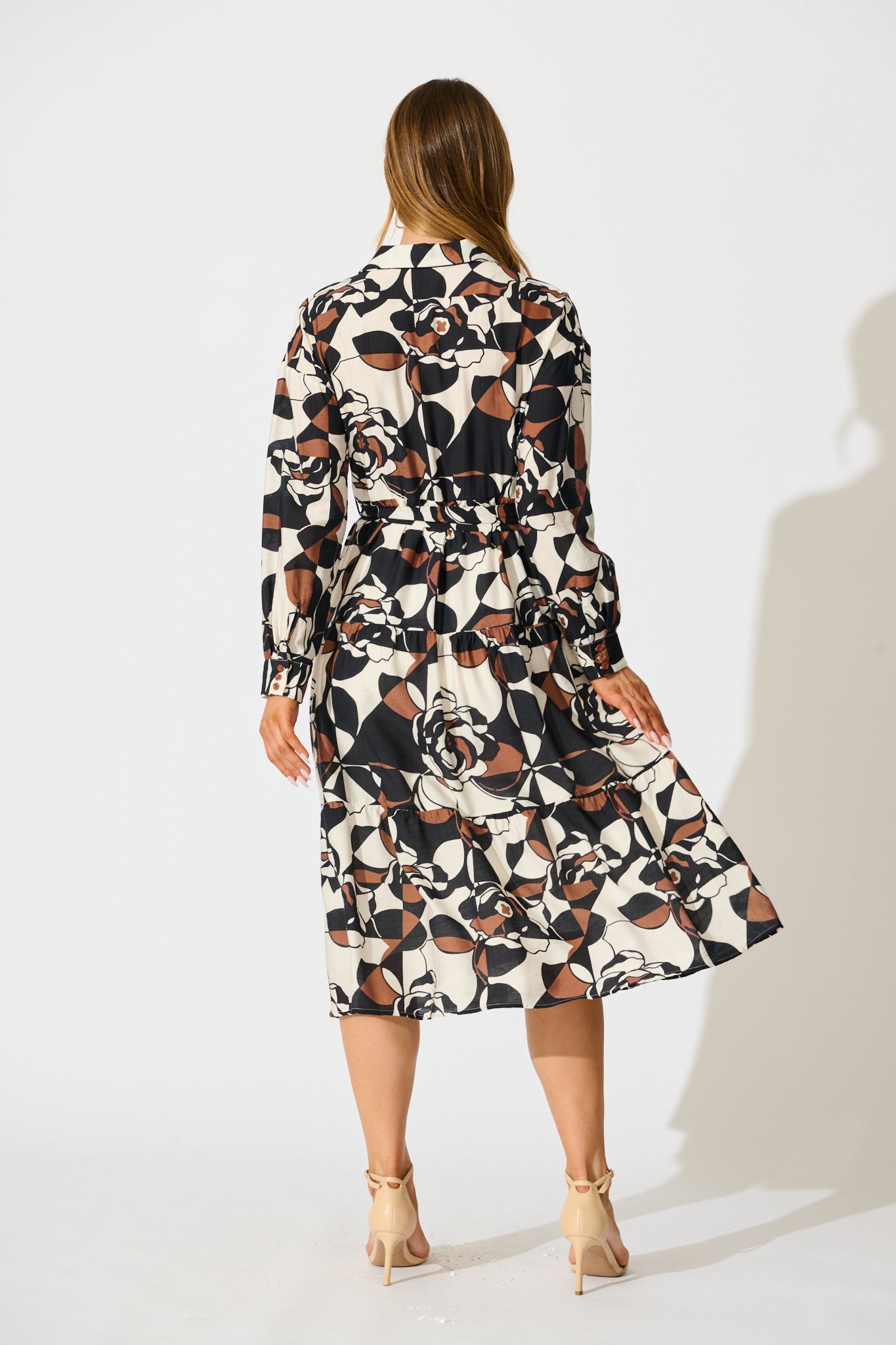 Jada Midi Dress in White with Black and Brown Print