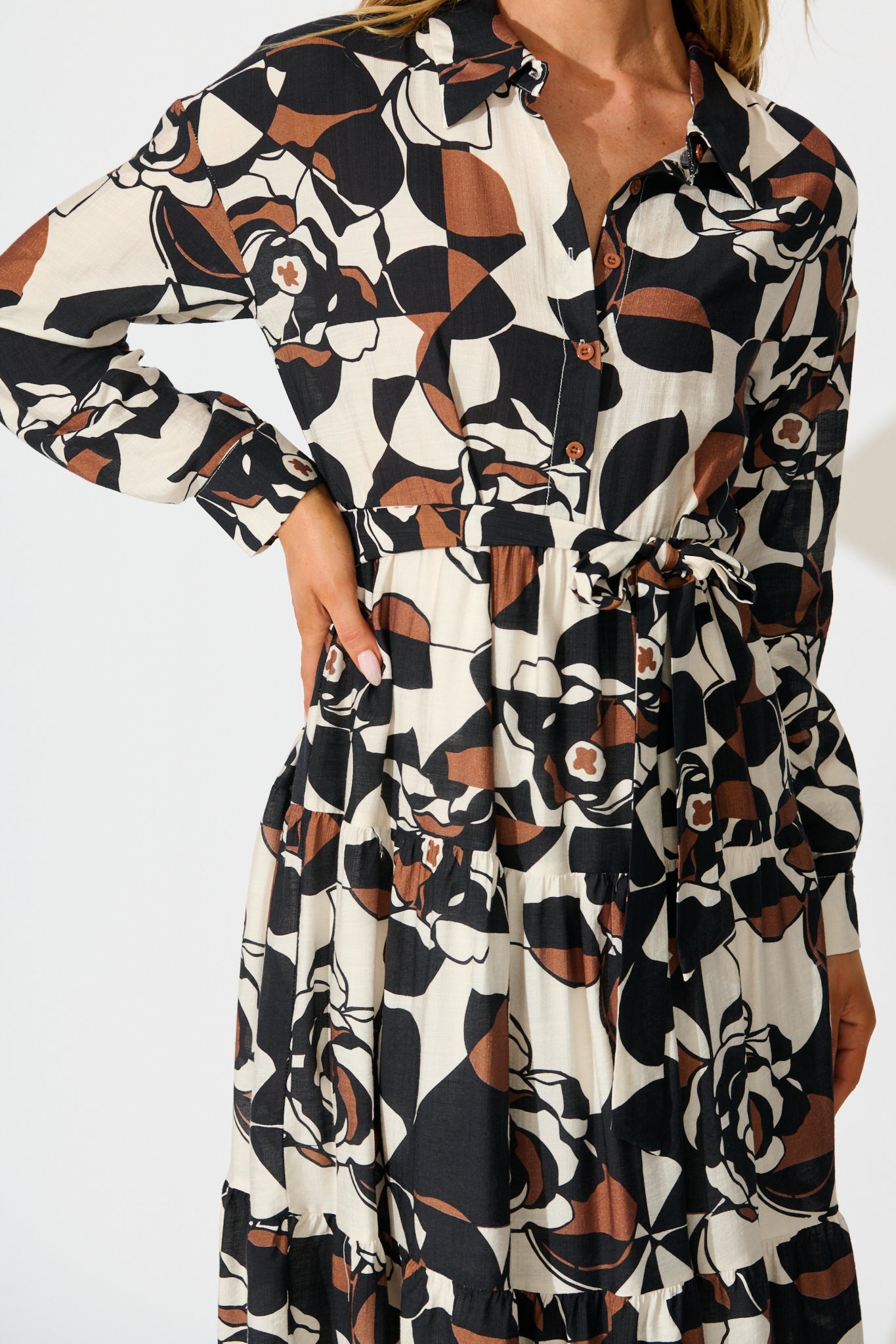 Jada Midi Dress in White with Black and Brown Print