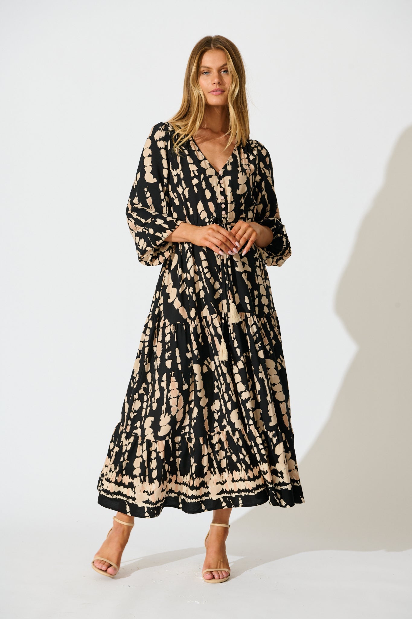 Rosamund Midi Dress in Black with Beige Print